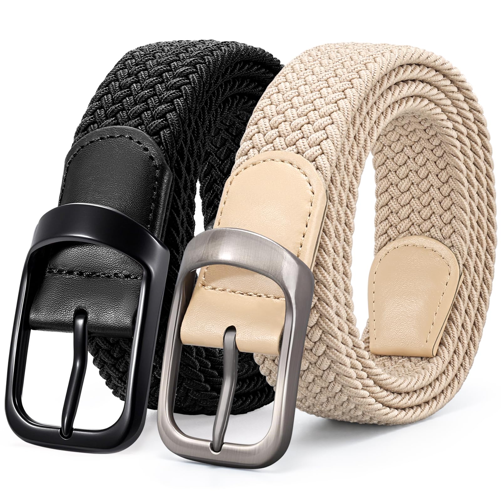 LEACOOLKEY 2 Pack Stretch Belts for Men Elastic Woven Braided Belt 1 3/8 Casual Golf Belt for Jeans Pants