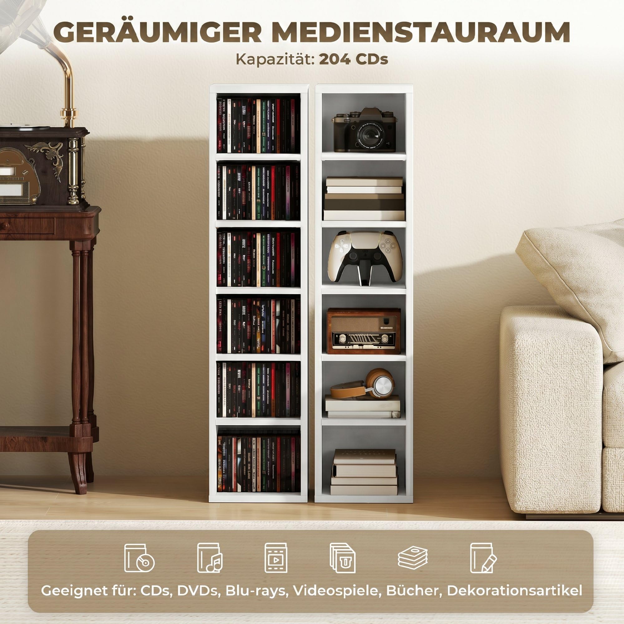 HOMCOM CD-, DVD- und Blu-ray-Regal 2er Set Stapelbar 21x22,5x88,5 cm Weiß | CD-Regal, Standregal mit 5 Verstellbaren Einlegeböden, Medienregal, Dekoregal Aufbewahrung