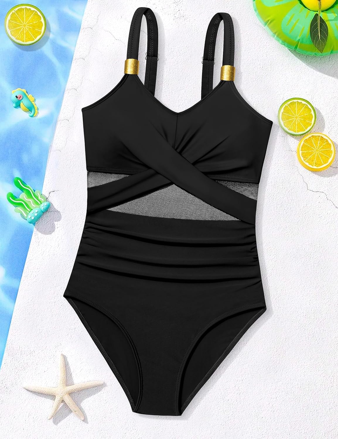 Girls Swimsuit Criss Cross One Piece Swimsuits Wrap Tie Back Sheer Mesh Bathing Suit with Gold Metal Swimwear 9-16Y - Image 6