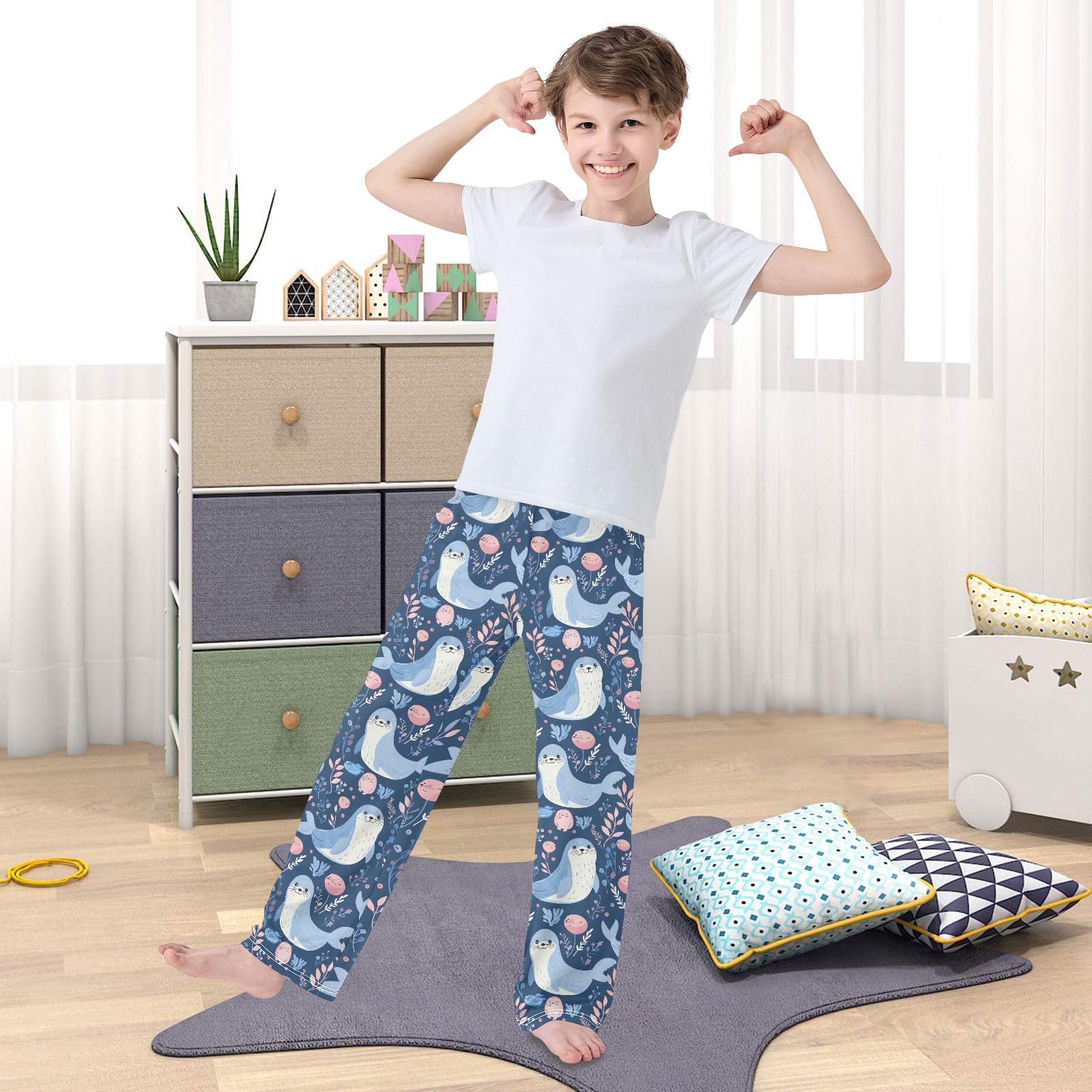 Süßes Seehund-Pyjamahose für Kinder, lang, weich, mit Taschen, für Jungen und Mädchen, Blau