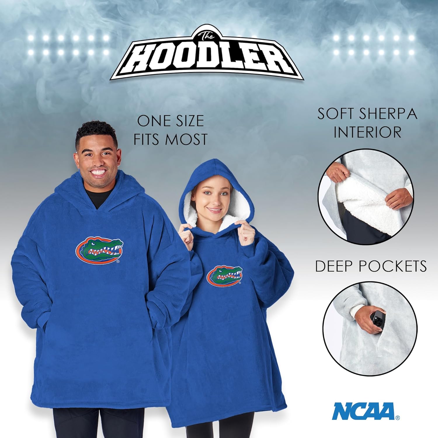 Northwest NCAA Florida Gators Hoodler Oversized Sherpa Pullover, Embroidered Logo,Plush Wearable Blanket Sweatshirt, Soft Fleece with Front Pocket, One Size Fits Most
