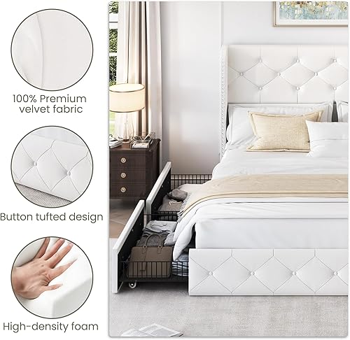 Miniatura 76 de LARMACE - Marco de cama tamaño King con 4 cajones de almacenamiento y cabecera tapizada con botones, cama de plataforma tapizada en lino con