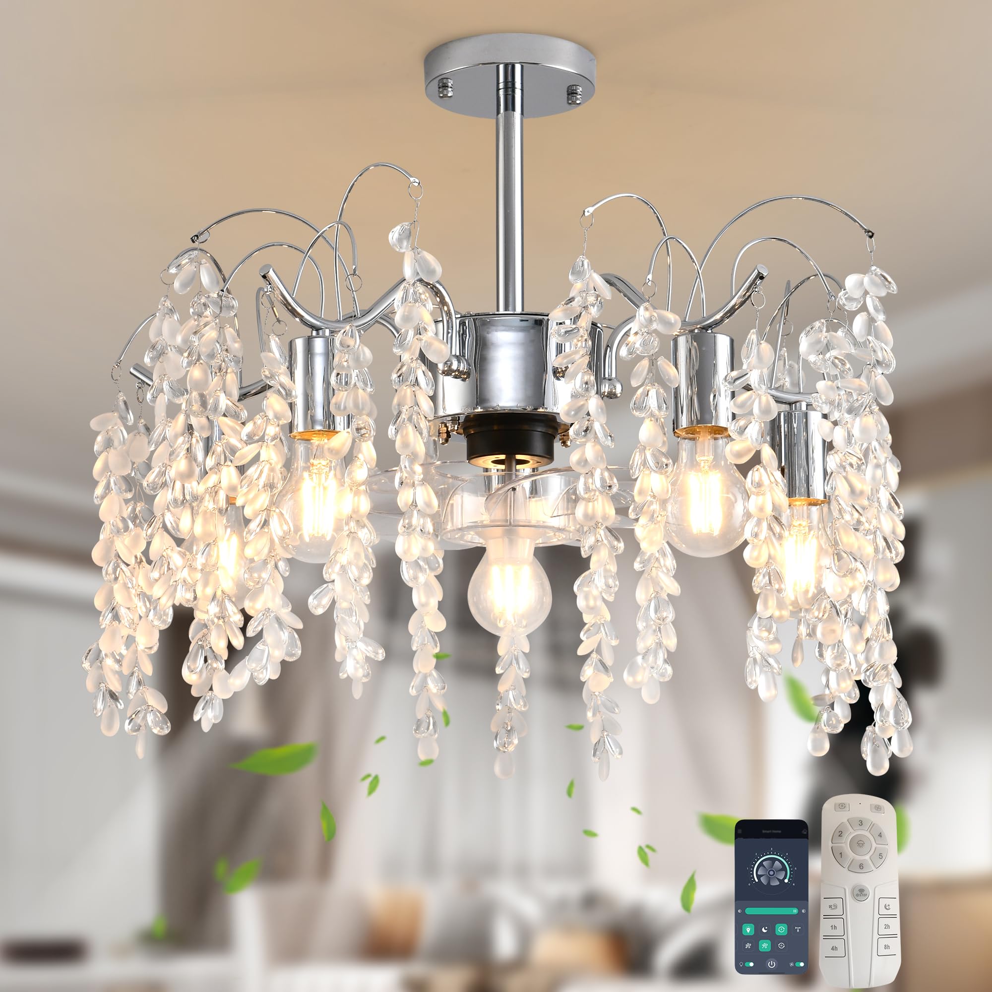 Ganeed Ventilatore da soffitto Cristallo con Luci e Telecomando Lampadario Moderno Lampada a Sospensione 6 Velocità Vento per Camera da Letto Cucina Soggiorno Foglia di Salice 4 Luci