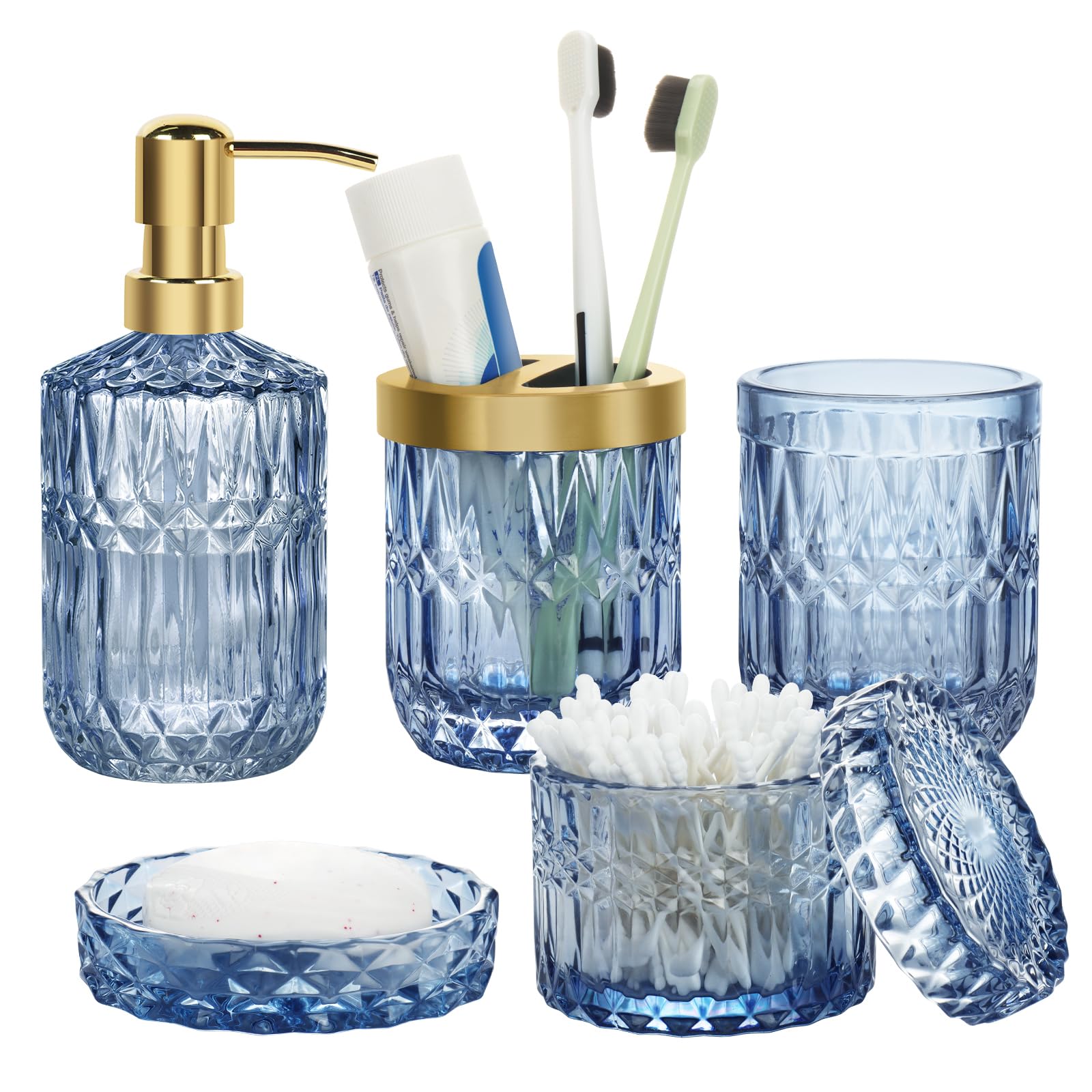 Ensemble de Salle de Bain 5 pièces en Verre, Accessoires de Salle de Bain en Verre, Distributeur de Savon Moderne, Porte-Savon, Porte-Brosse à Dents, bidon de Cotons-tiges, gobelet (Bleu)