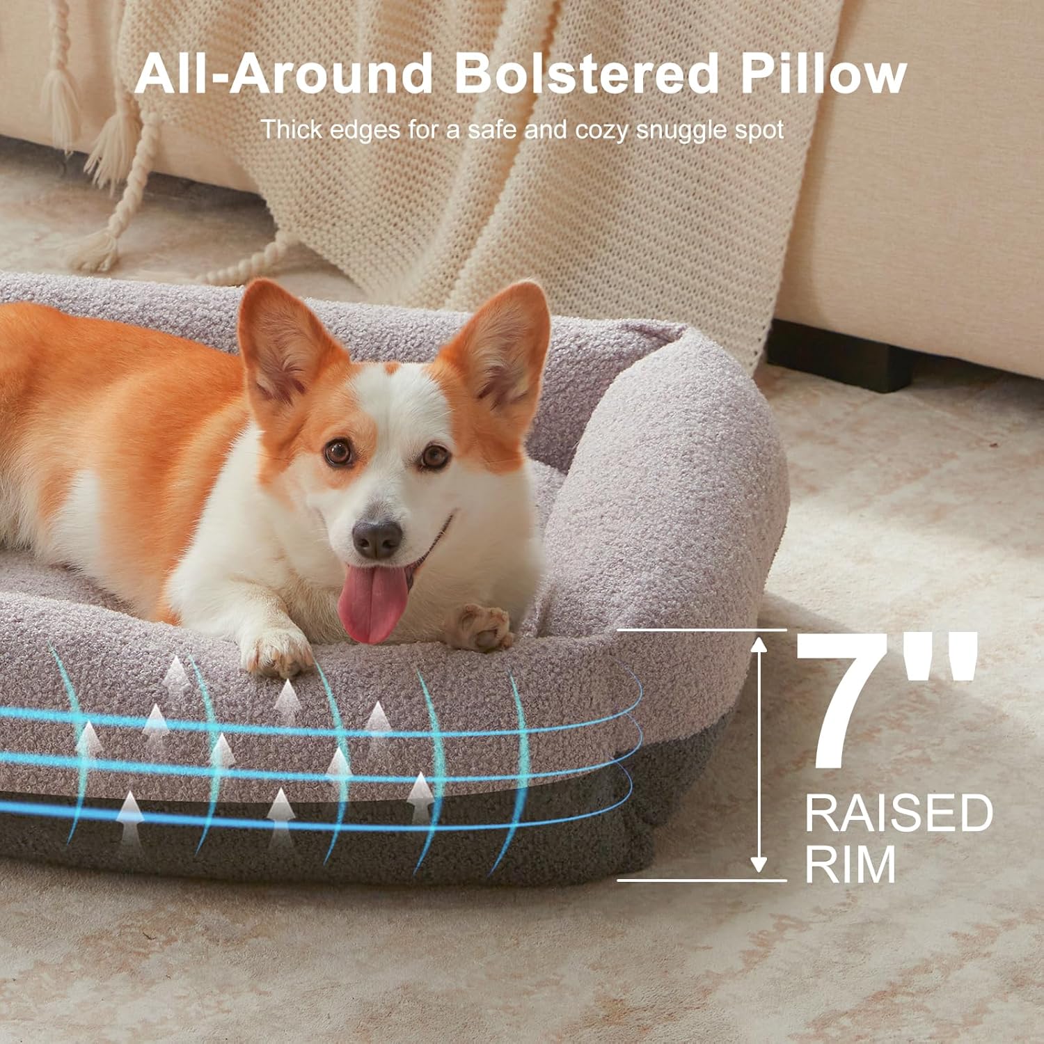 FURTIME Washable Dog Bed Medium Size Dogs, Rectangle Comfy Fluffy Small Dog Beds, Removable Zipper Cover Machine Wash, Soft Orthopedic Bed Durable Pet Cuddler with Anti-Slip Bottom, 25"x21"x7", Grey