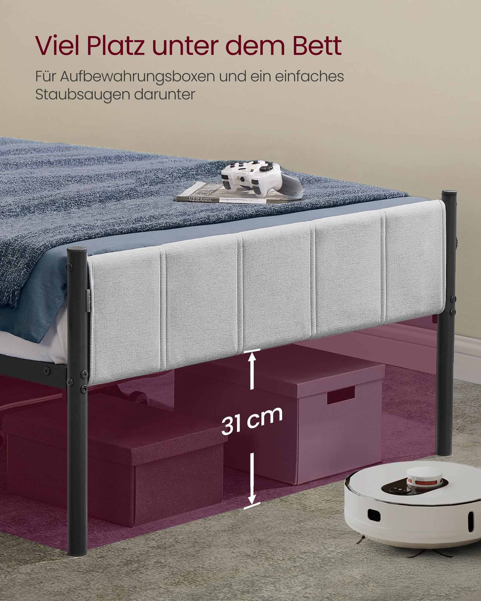 VASAGLE Einzelbettgestell, Bettgestell, 90 x 200 cm, mit gepolstertem Kopfteil, Bettrahmen, Stahl, trägt bis zu 250 kg, einfache Montage, Taubengrau RMB972G01
