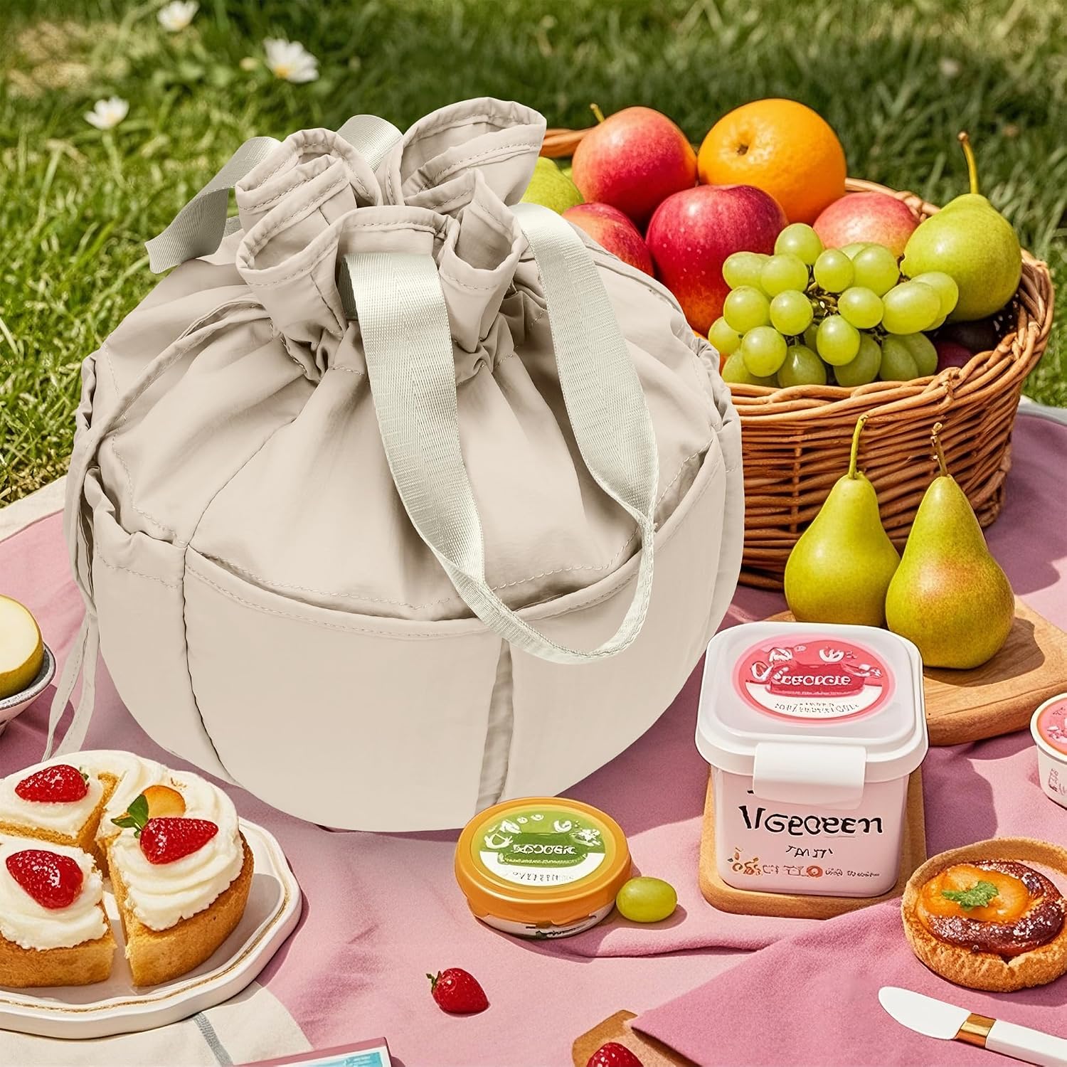 Hafmall 10L Cute Lunch Bag for Women, Large Drawstring Lunch Tote Lightweight Lunch Box for Work Travel, Loncheras para Mujer, Beige