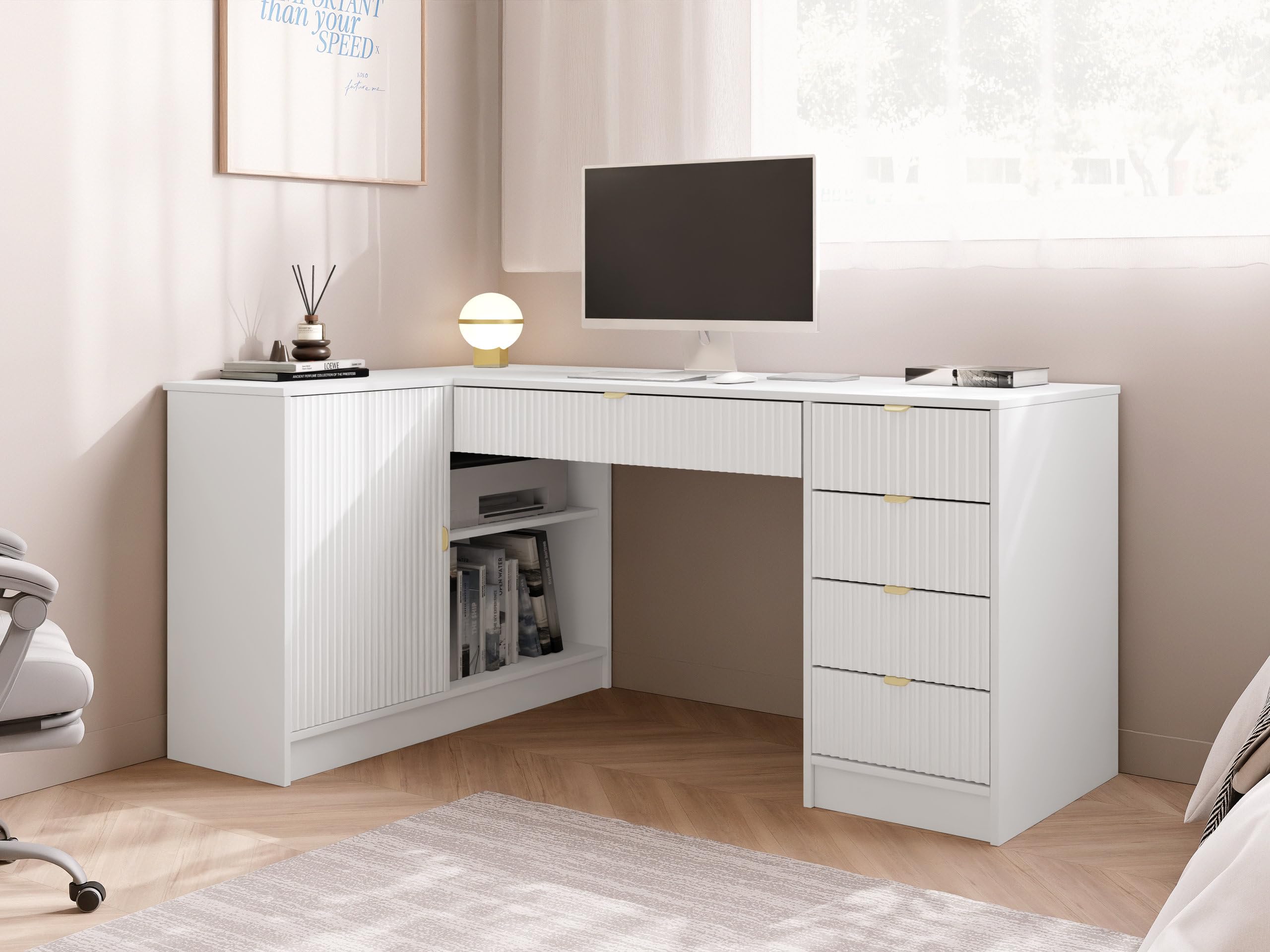 Mirjan24 Eckschreibtisch Tireno, 5 Schubladen, Schrank und 2 offenen Fächern, geriffelte Fronten Schülerschreibtisch Computertisch Kinderschreibtisch Arbeitstisch Jugendzimmer (Weiß Velvet)