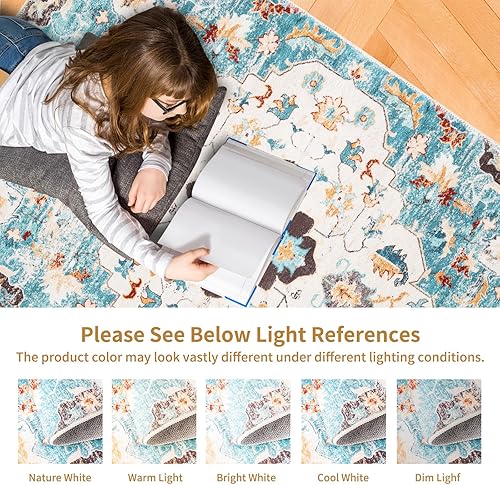 Miniatura 6 de Alfombra de pasillo de 2 x 6 pies, azul y blanco, diseño bohemio y elegante de hojas de arce envejecidas, no desprende pelusa y es suave, lavable,