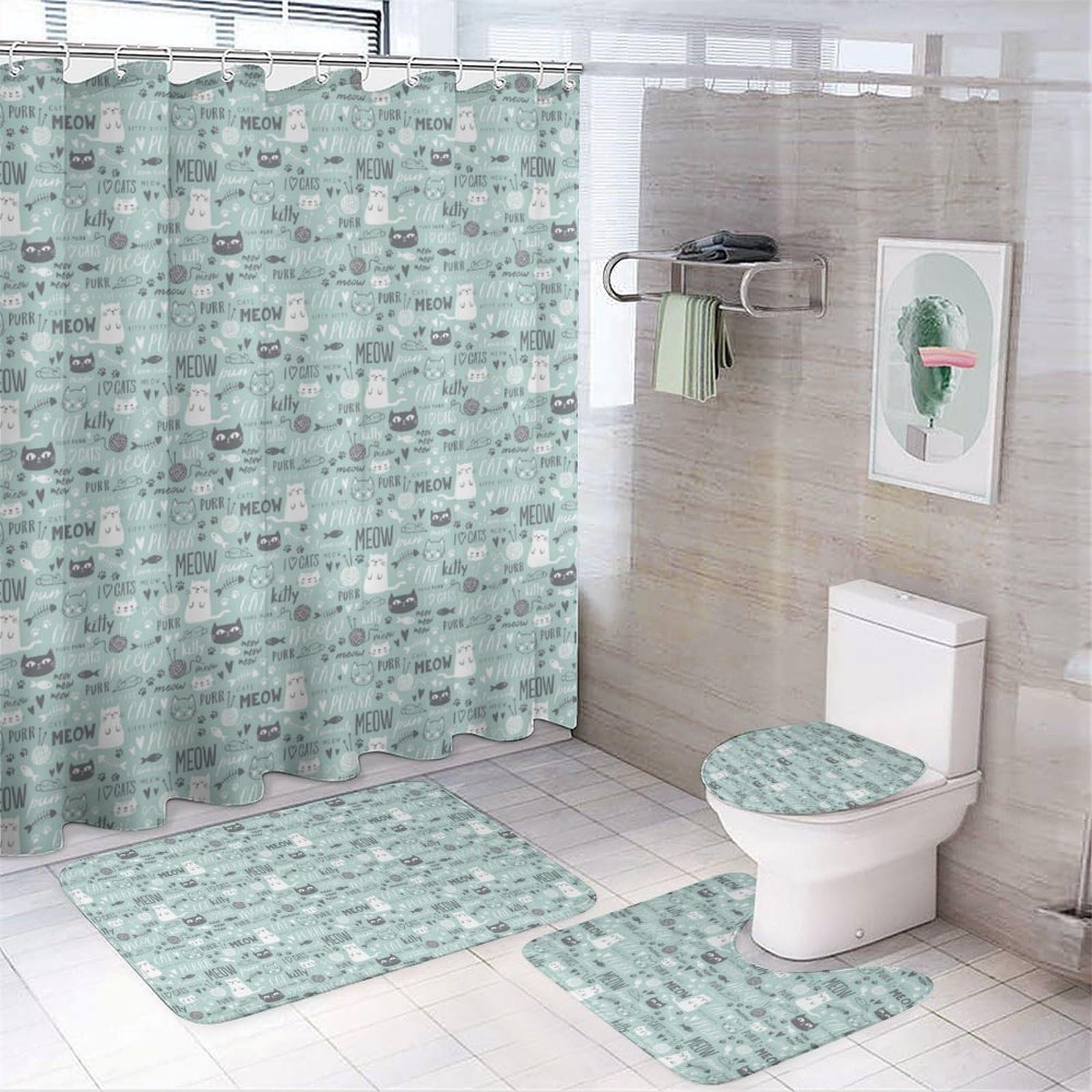 JZemdybill Bathroom Mat Set 4 Piece, Cute Green Cat Shower Curtain with Non-Slip Bath Mats for Bathroom