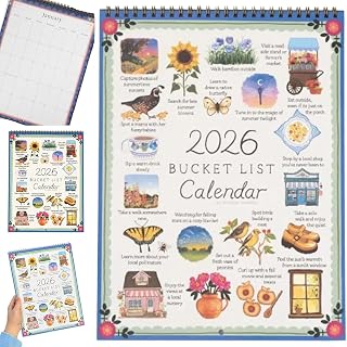 Vibbangバケットリストカレンダー2026、美的2026年カレンダー、目標プランナーのためのインスピレーションを与える目標、クリエイティブバケットファミリーカレンダー月、ホームオフィス冷却圧力緩和、新年の装飾。
