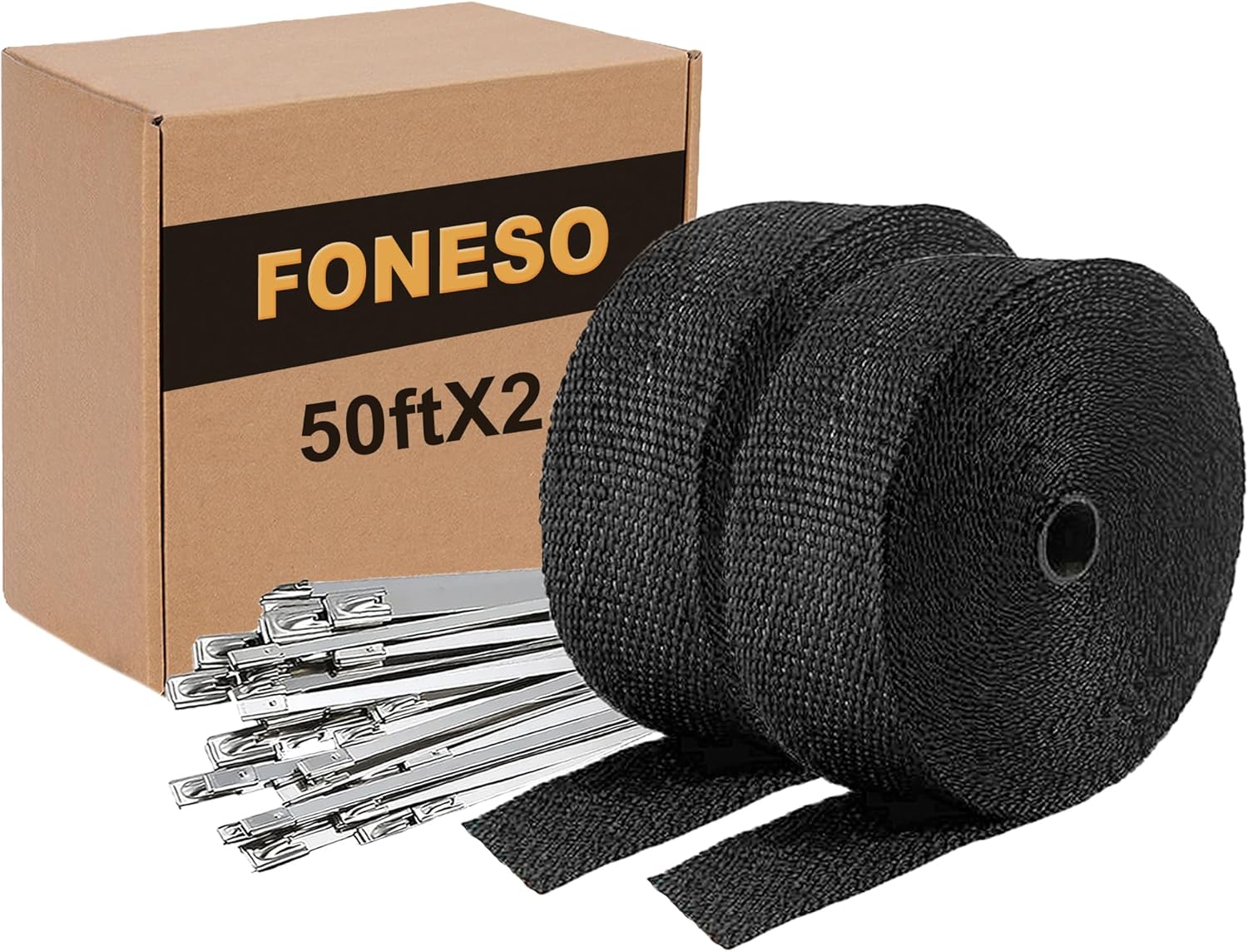 Black Exhaust Heat Wrap, Foneso 2 Roll 2'' x 50' Exhaust Header Wrap Tape Fiberglass Heat Shield Tape with 24pcs Stainless Steel Ties for Motorcycle Car Truck