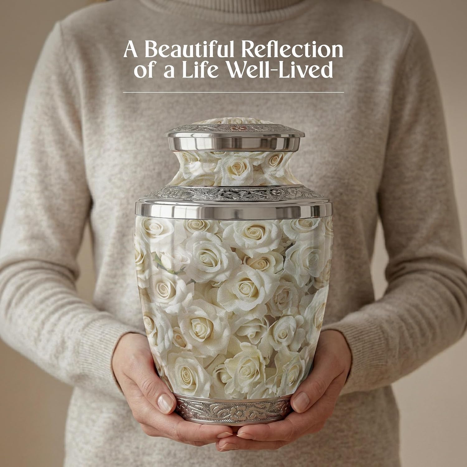 White Rose Cremation Urn for Human Ashes Adult – Large Decorative Burial Urn for Men & Women – Floral Memorial Keepsake Funeral Urns for Human Ashes for Home Display or Cemetery Burial Aluminum