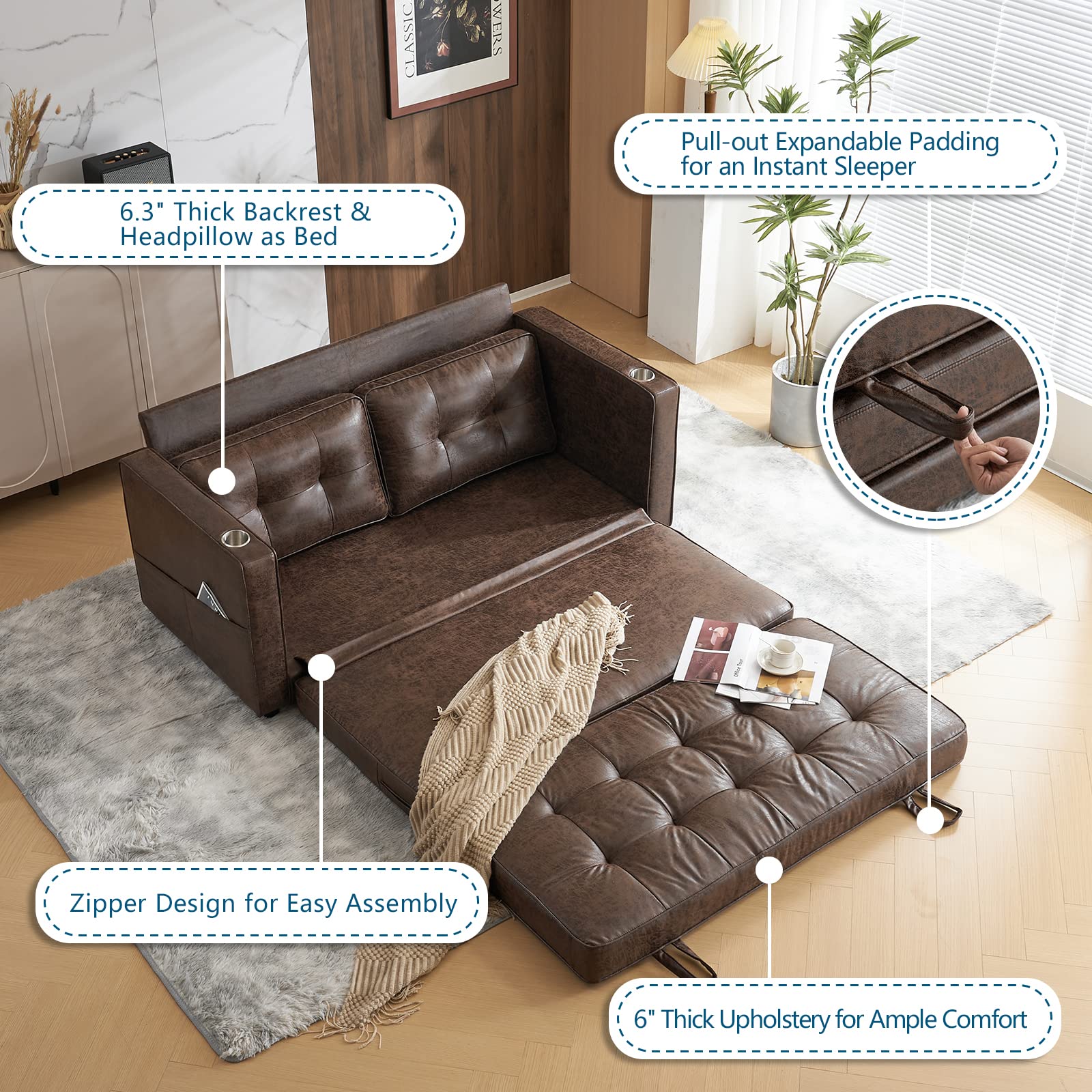 VINGLI Upgraded 64" W 84" L Full Size Futon Sofa Bed, 6" Thick Upholstery Rustic Microfiber Loveseat Sofa Sleeper Pull Out Couch,Convertible Floor Couch for Living Room, Bedroom, Entertainment Room