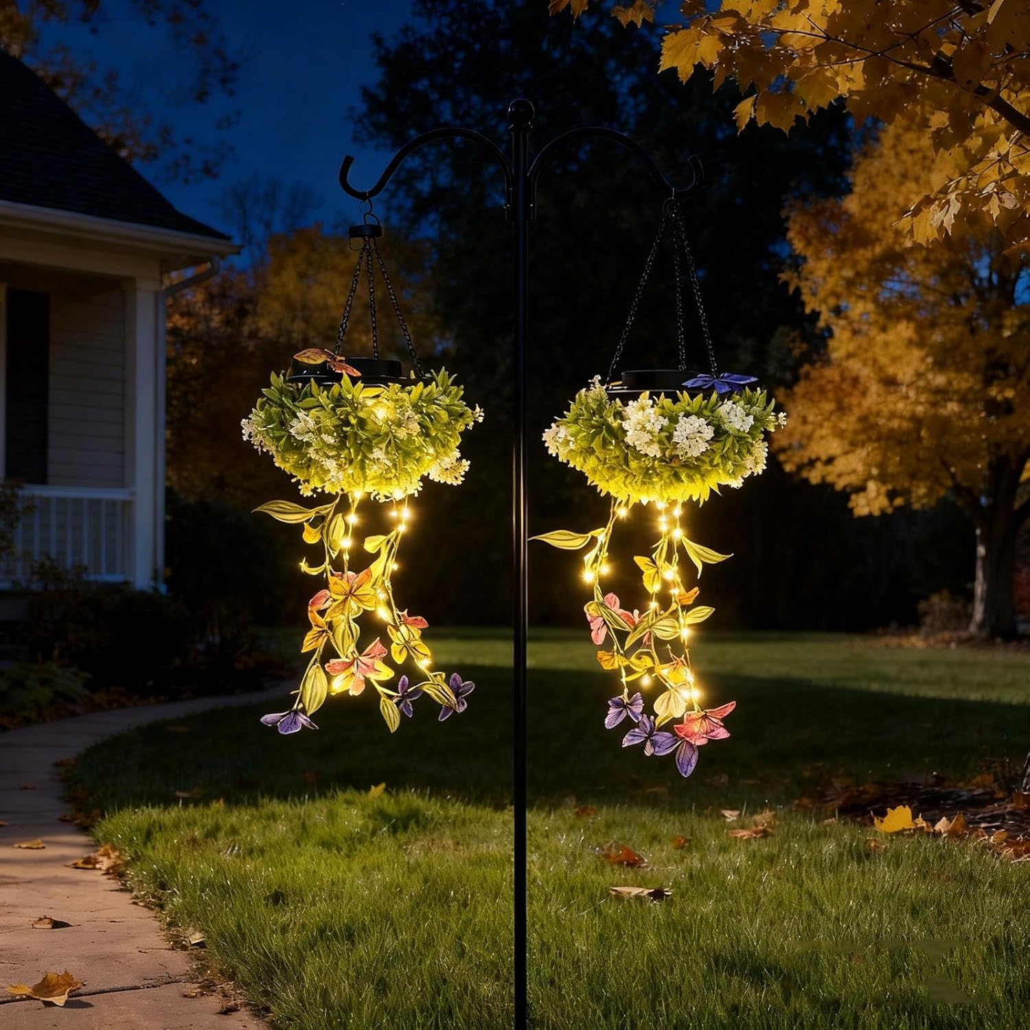 AVEKI Solar Hanging Garden Lights, Gifts for Mom, 2 Pack Waterproof Solar Lights Outdoor Decor with Artificial Butterfly & Flower, Outdoor Garden Decor for Patio Yard Porch Fence Pathway (Butterfly)