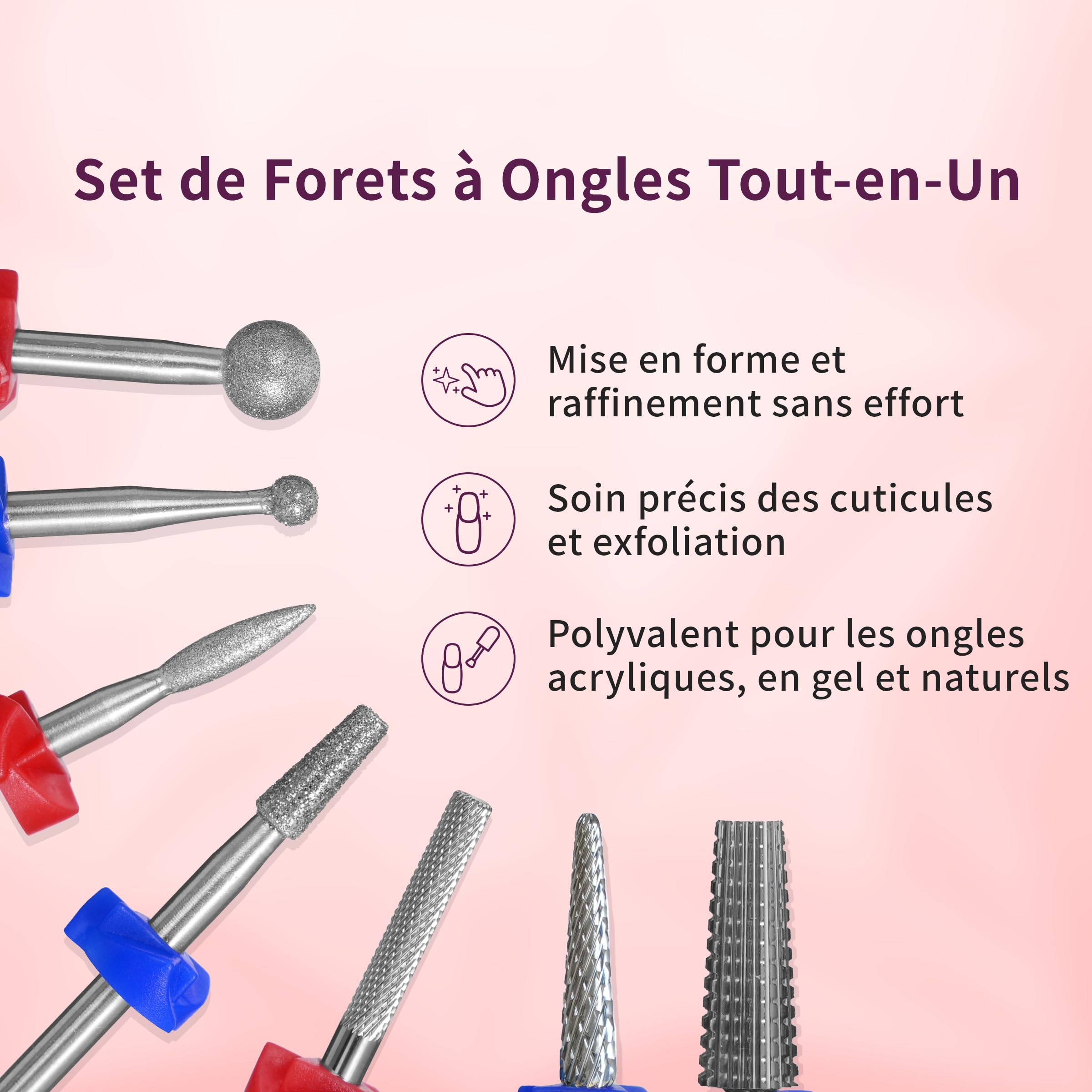 Delanie 7Pcs Embout Ponceuse Ongles 3/32 en Carbure de Tungstène & Diamant, Foret a Ongles Outils Professionnel pour Éliminer Gel Acrylique Cuticule