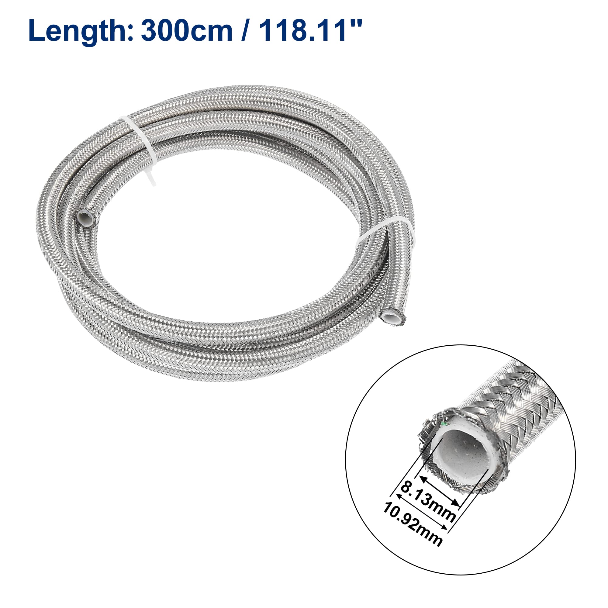 X AUTOHAUX Öl Brennstoff Gasleitung Schlauch AN6 1pc Für Auto Hochdruck | PTFE, Edelstahl, Silberton, 300cm, Öl, Bremsflüssigkeit, Arbeitsdruck 3000 PSI, Für Schiffsmotoren, Rennwagen, Fahrräder