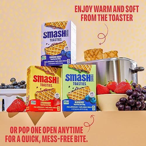 Miniatura 3 de Smash Foods Toasties - Paquete variado de 3 tostadoras de trigo integral saludables, fresa, arándano, uva, sin azúcar refinada, relleno de fruta