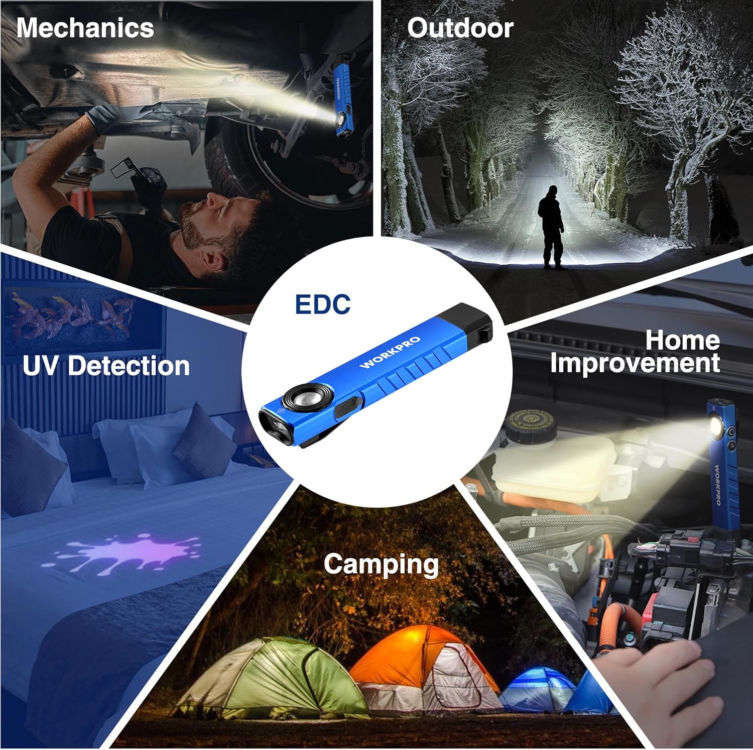 WORKPRO Rechargeable Work Light, 600 Lumens Flat Pocket Flashlight with UV Light, Magnetic Base & Clip, Slim LED EDC Flashlight for Garage, Camping, Home, and Emergencies