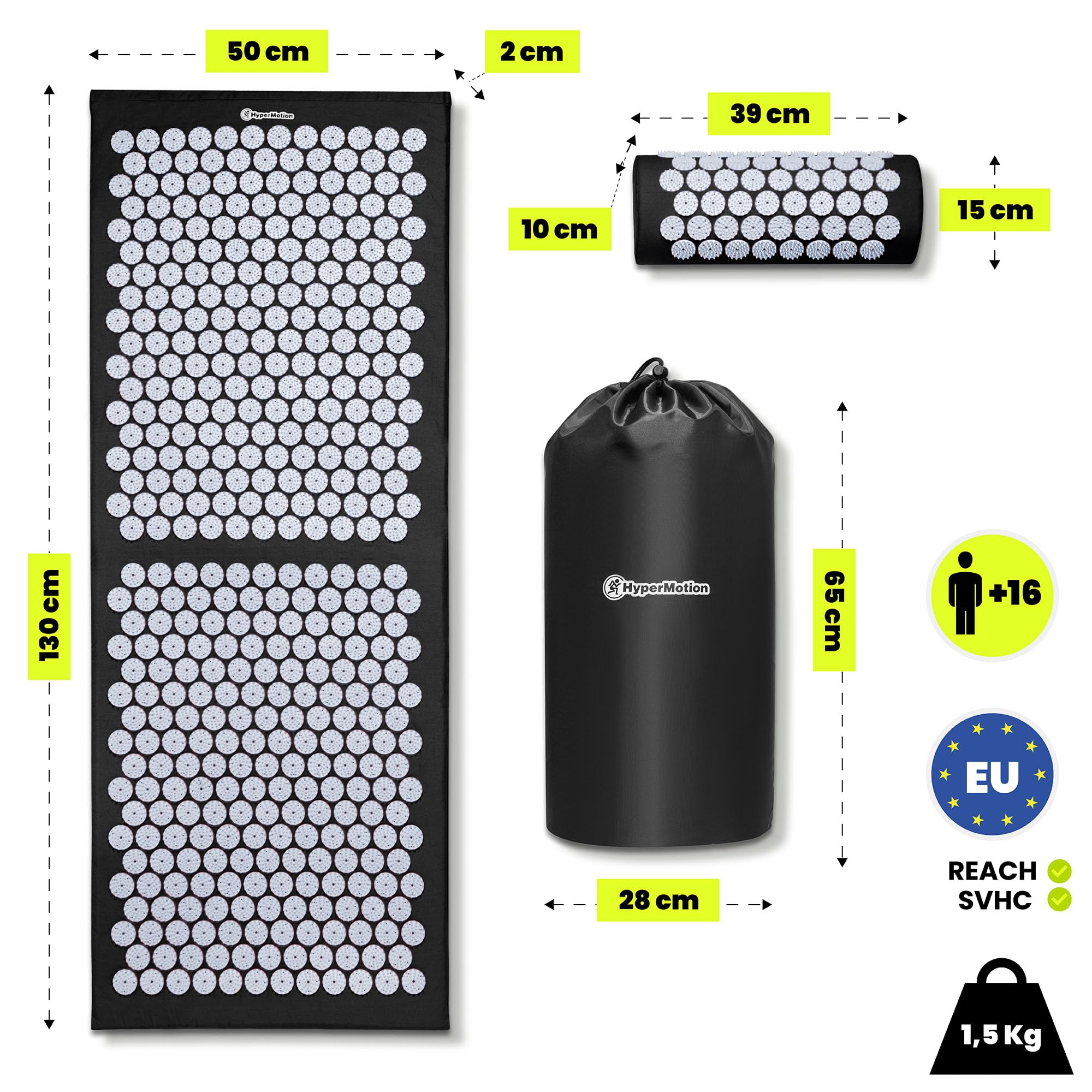 HyperMotion Alfombra de Acupresión XL 130cm con Cojín – Set 3 en 1 Alfombra con Púas Extra Larga para Masaje Completo de Espalda, Piernas y Cuello – 17.388 Puntos para Cervicales