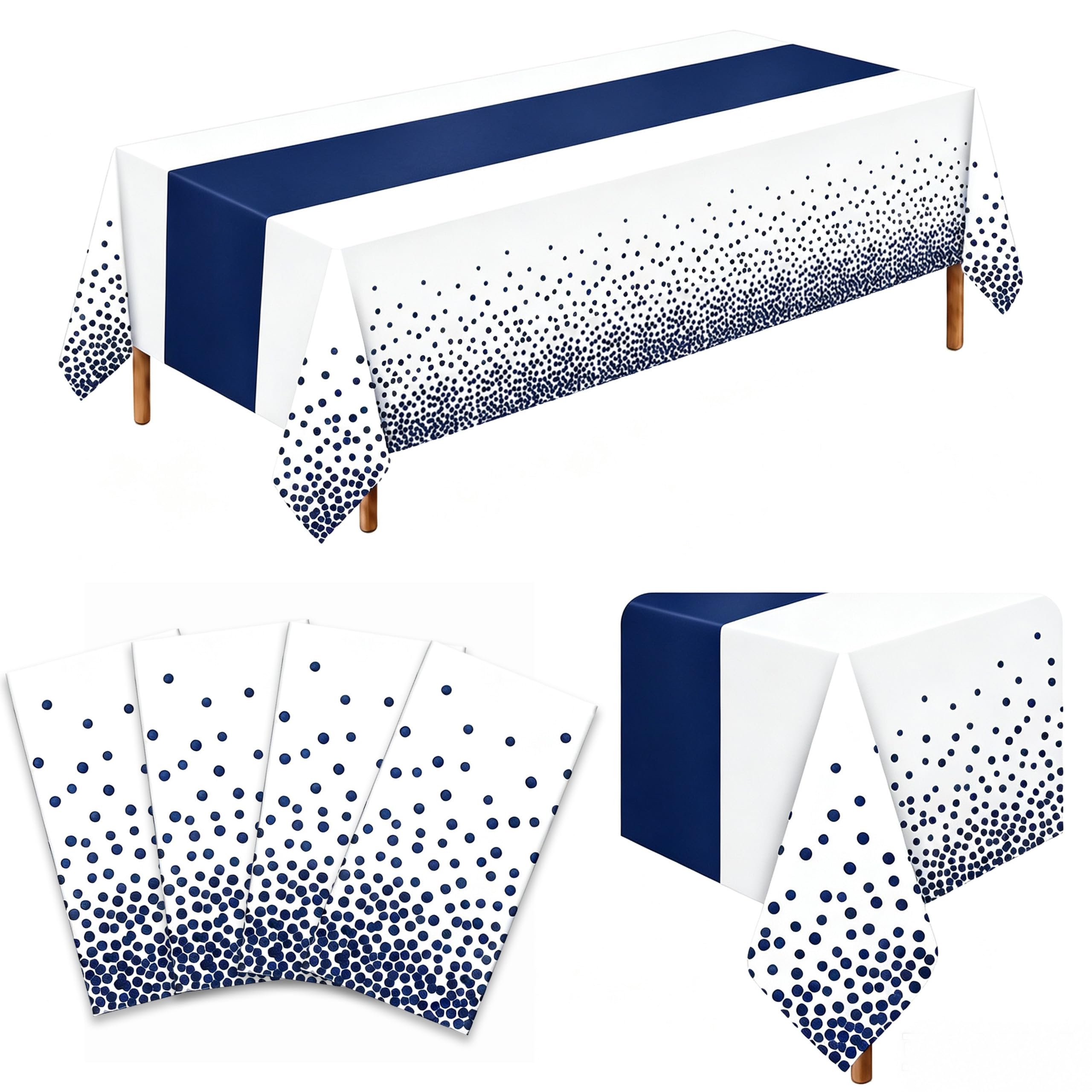 4 Pack White Navy Blue Tablecloths, 54 x 108 Inch Rectangle Covers
