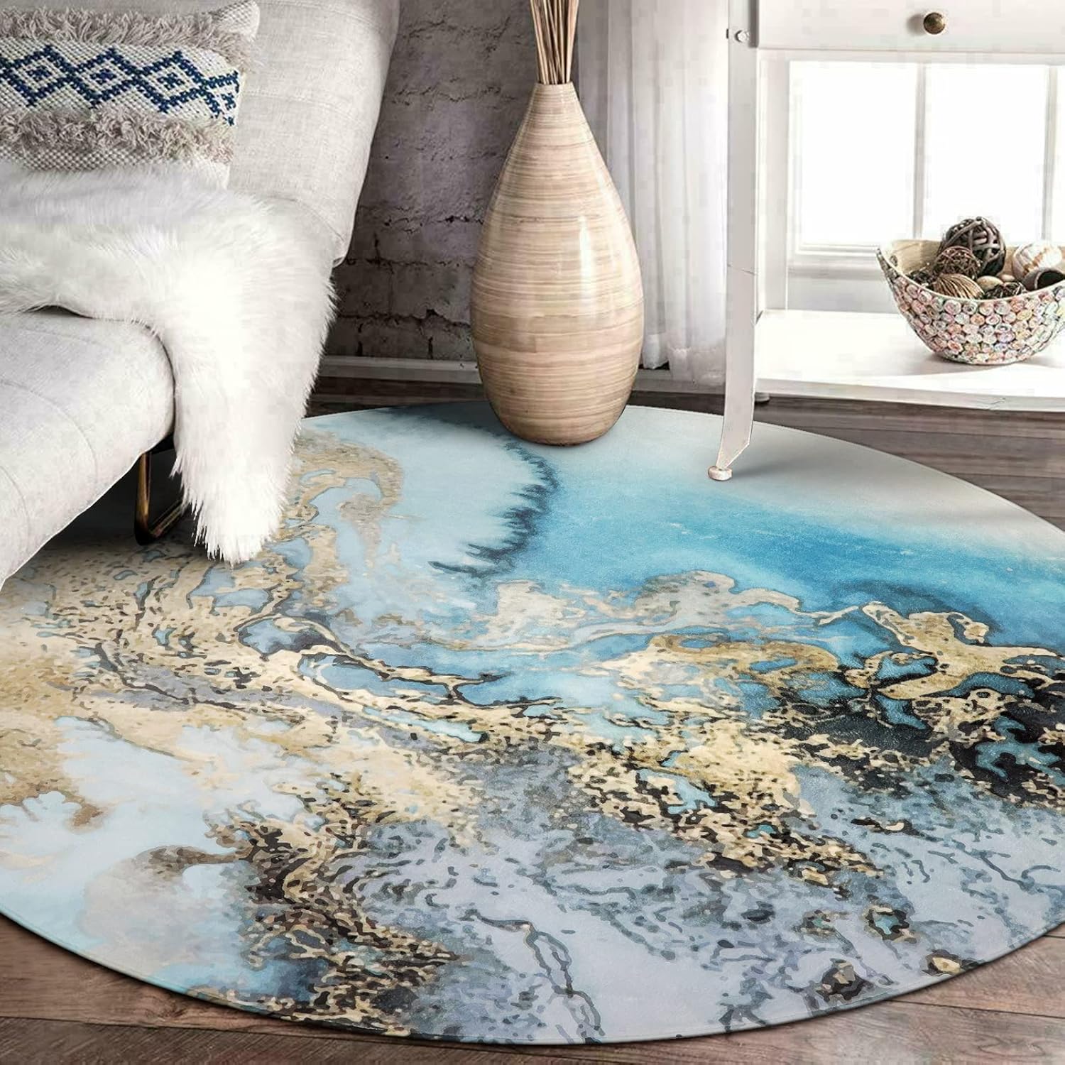 Lahome Marble Round Area Rug - 5'3"Ft Washable Round Bedroom Rug Non-Slip Throw Blue Round Rugs for Living Room Distressed Circle Dinning Room Rug Large Round Carpet for Bathroom Kitchen Off