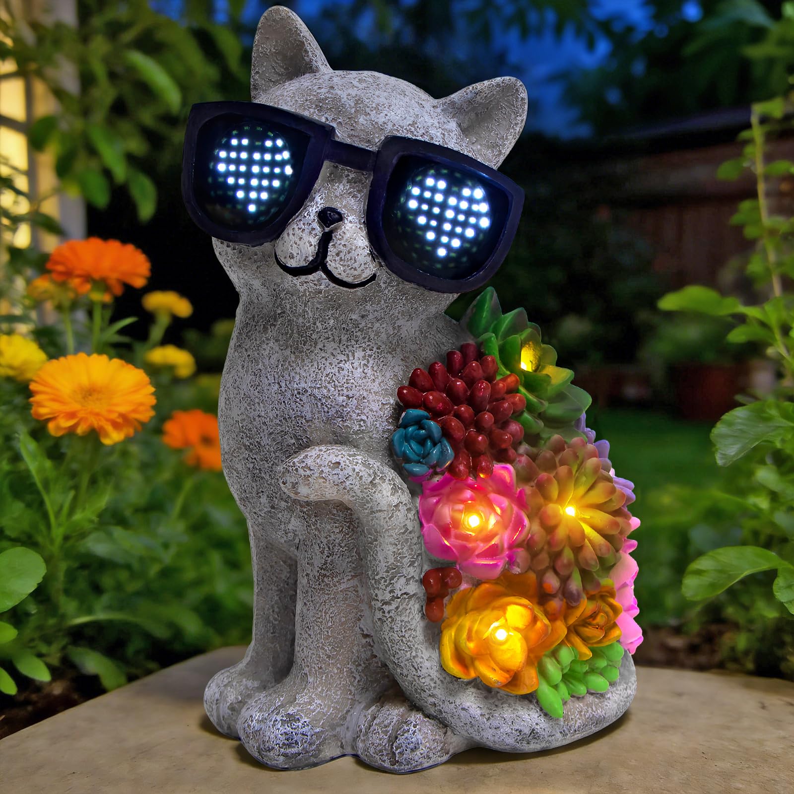 Statue solaire chat et succulentes avec 6 LED pour décoration de jardin et extérieur
