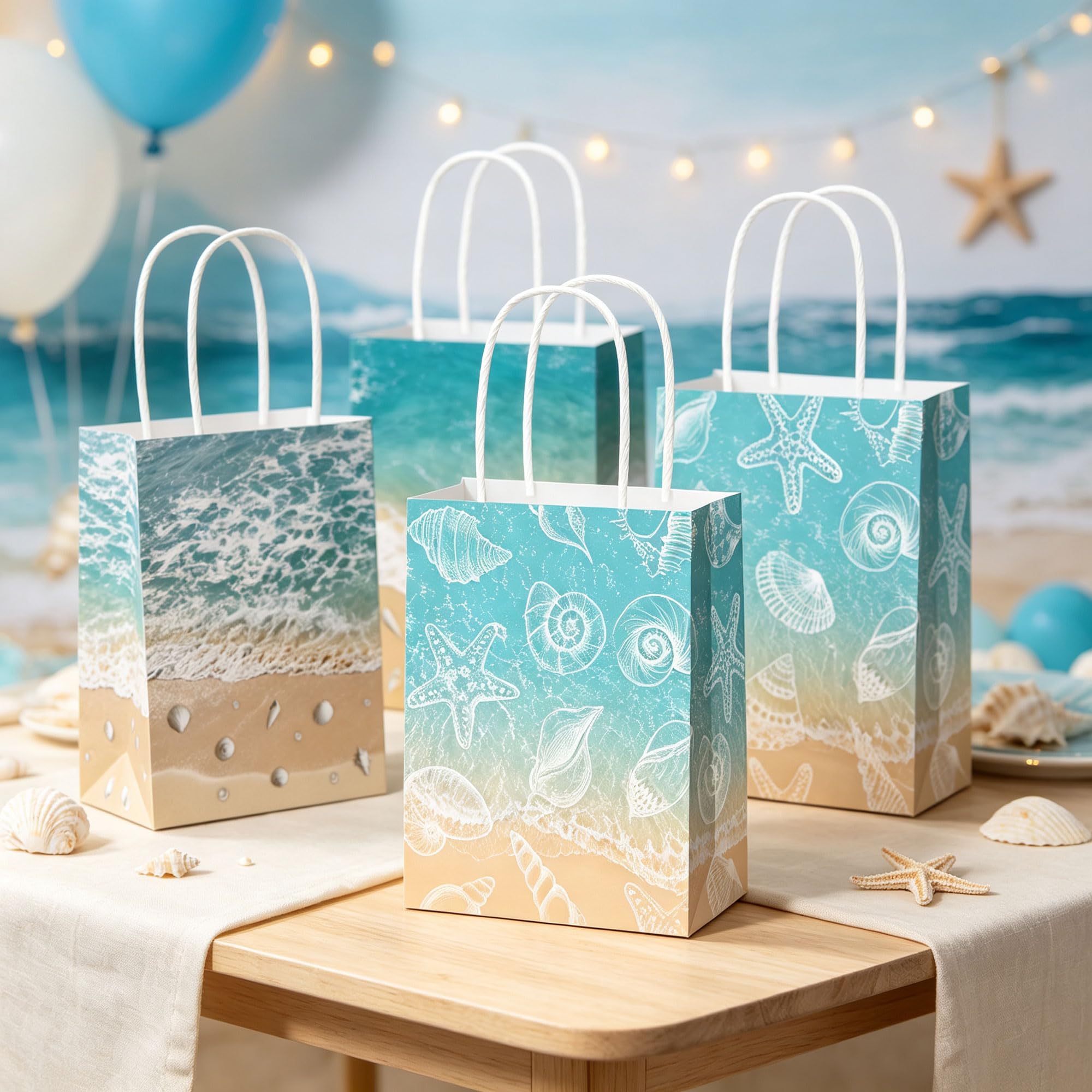 Seashell Party Gift Treat Bags with Handles Coastal Theme Paper Tote Bags for Coastal Beach Baby Shower Birdal Shower Wedding Supplies 12 PCS