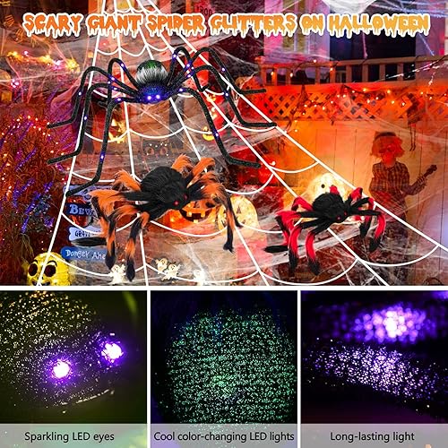 Miniatura 3 de Rocinha Paquete de 4 arañas de Halloween, araña gigante de 4 pies y araña peluda colorida con ojos rojos, araña grande iluminada con LED que cambian