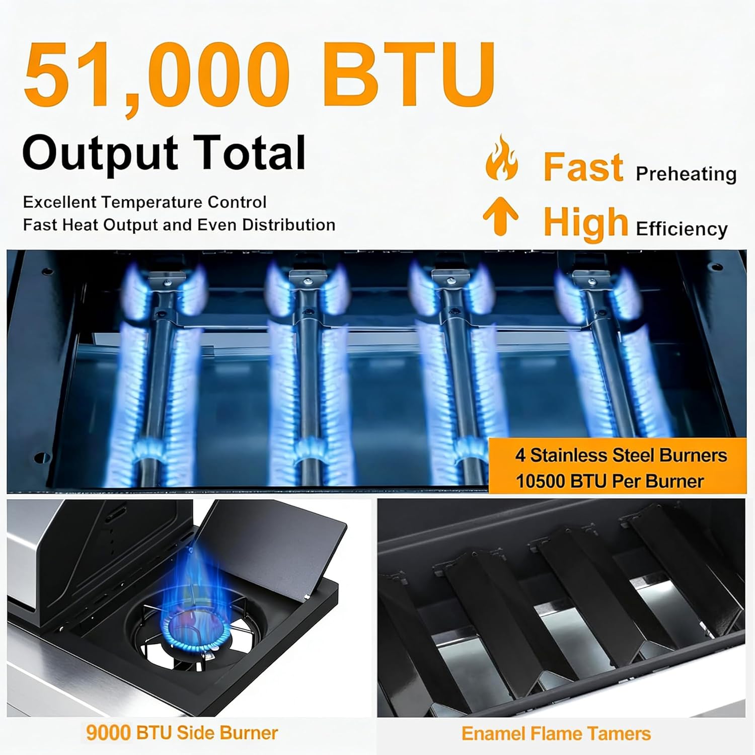 SHINESTAR 4 Burner Propane Gas Grill with Side Burner & Cover, 51000 BTU Cast Iron BBQ Grill, Pullout Oil Drip Tray for Outdoor Cooking, Garden, Backyard and Patio Barbecue
