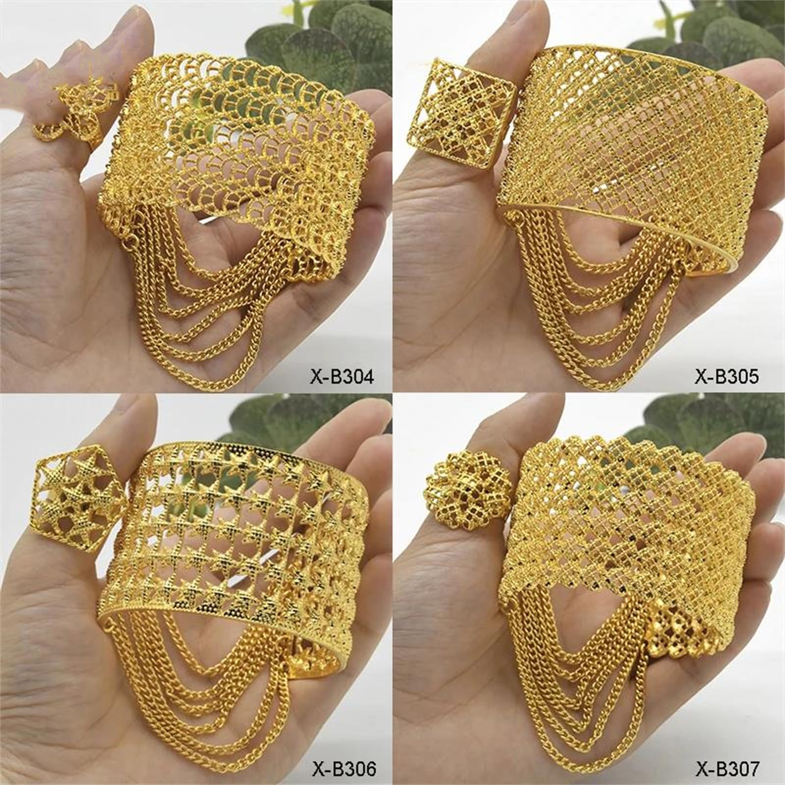 MOCHAMIK Quasten-Manschettenarmband mit befestigtem Ring für Damen in 24-Karat-Goldfarbe. EIN luxuriöser Designer-Armreif für EIN Statement-Schmuck-Ensemble