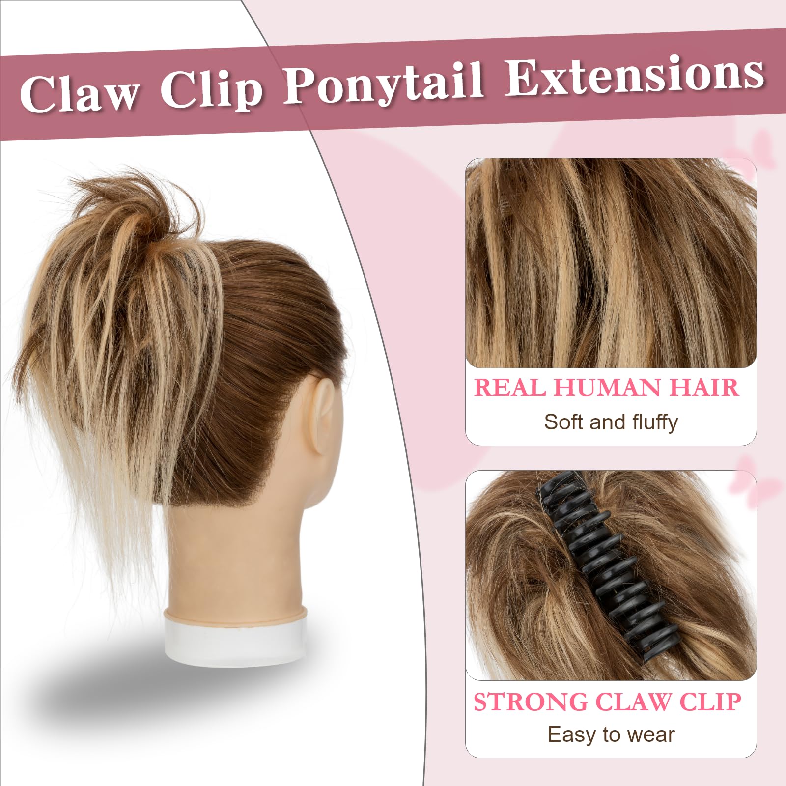 Human Hair Ponytail Extension Short Brown Blonde Claw Clip Messy Bun Amazon.com : Claw Clip Short Ponytail Extensions, Bendable  main image 3
