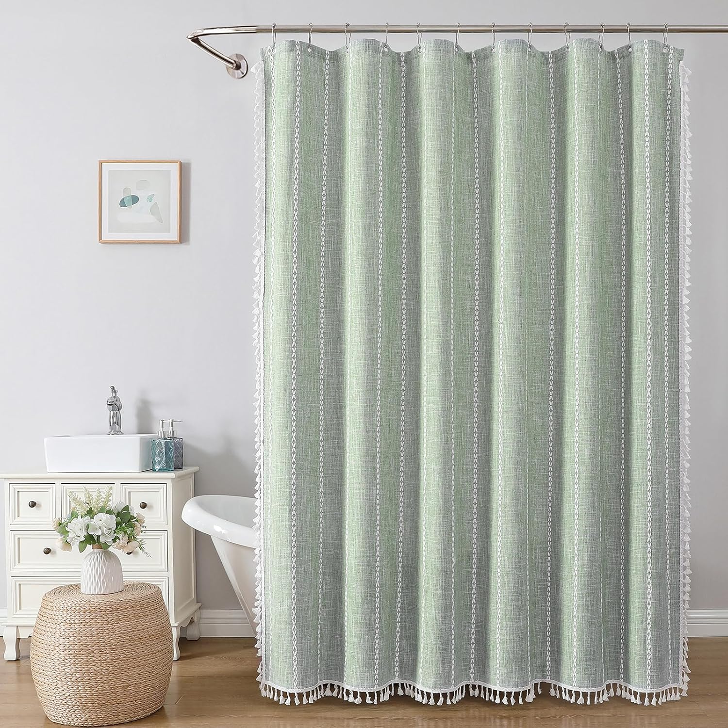 meioro Boho Farmhouse Striped Shower Curtain, 330GSM Linen Woven Fabric Shower Curtain Set with Tassel, Water Repellent Rustic Bohemian Thick Cloth Shower Curtains for Bathroom, Sage Green, 72x72
