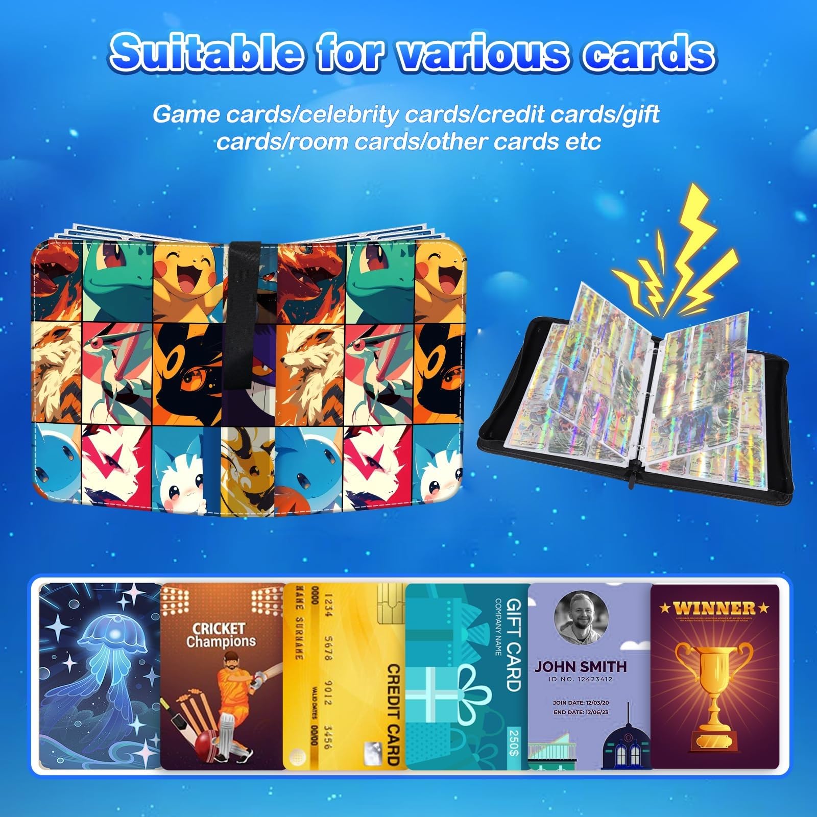 Raccoglitore Carte Pokemon, Album Carte Pokemon, 50 Pagine 400 Tasche, Album Porta Carte da Collezionabili con Cerniera