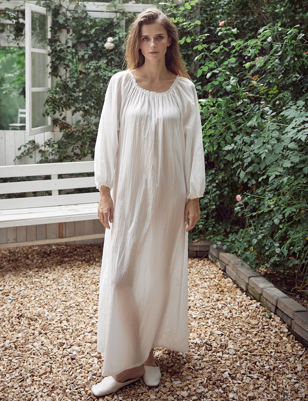 BEAUTELICATE Camisón Victoriano de Algodón Muselina para Mujer con Detalles de Encaje Manga Larga Suave y Holgado Blanco
