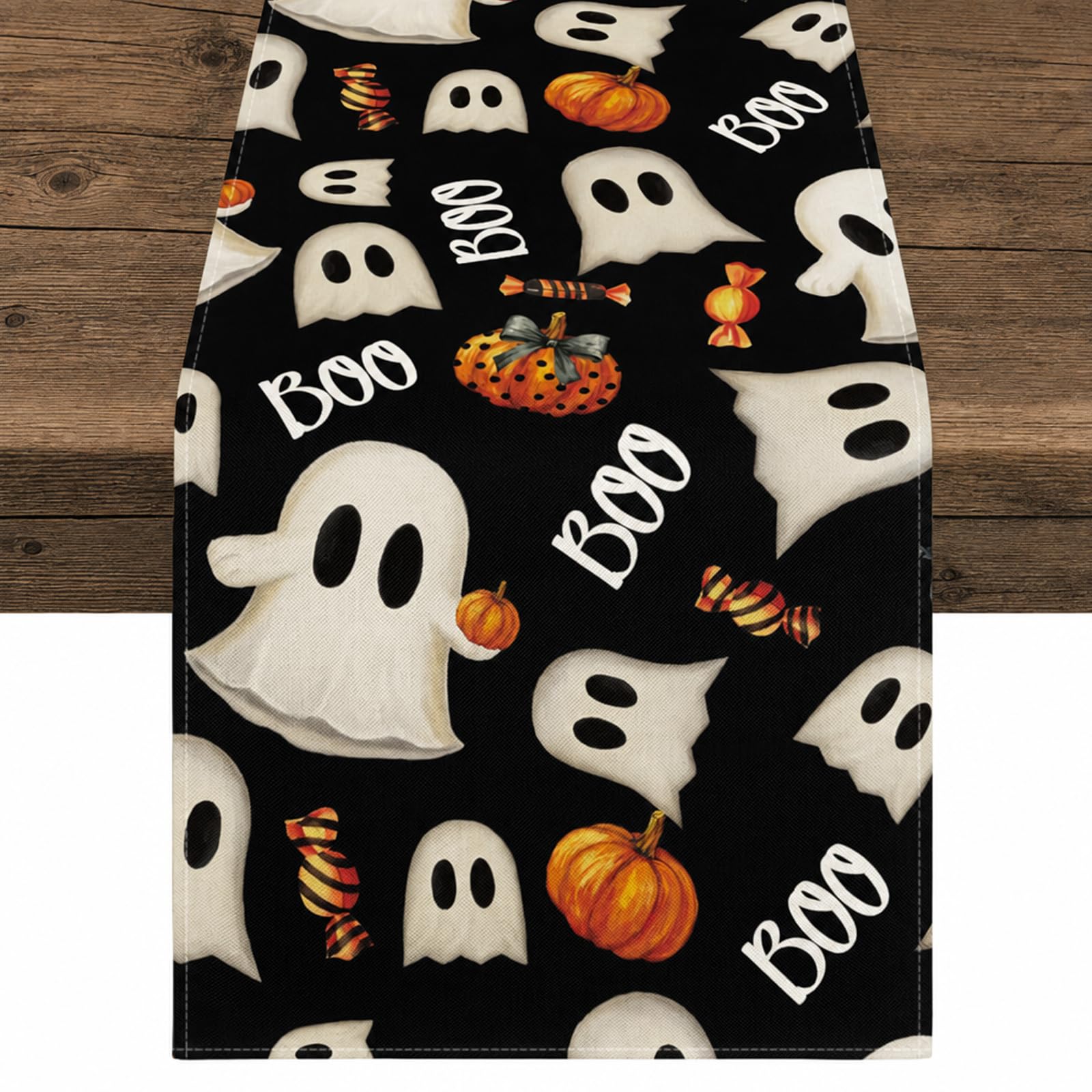 Halloween Table Runner, Black Ghost Pumpkin Table Decoration 33x183cm