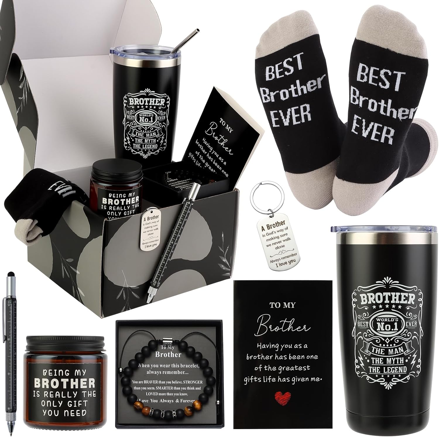 Brother Gifts for Men Christmas Gift Unique Gifts for Brother Including Tumbler Keychain Socks Pen Candle Bracelet Gift Card for Birthday Christmas