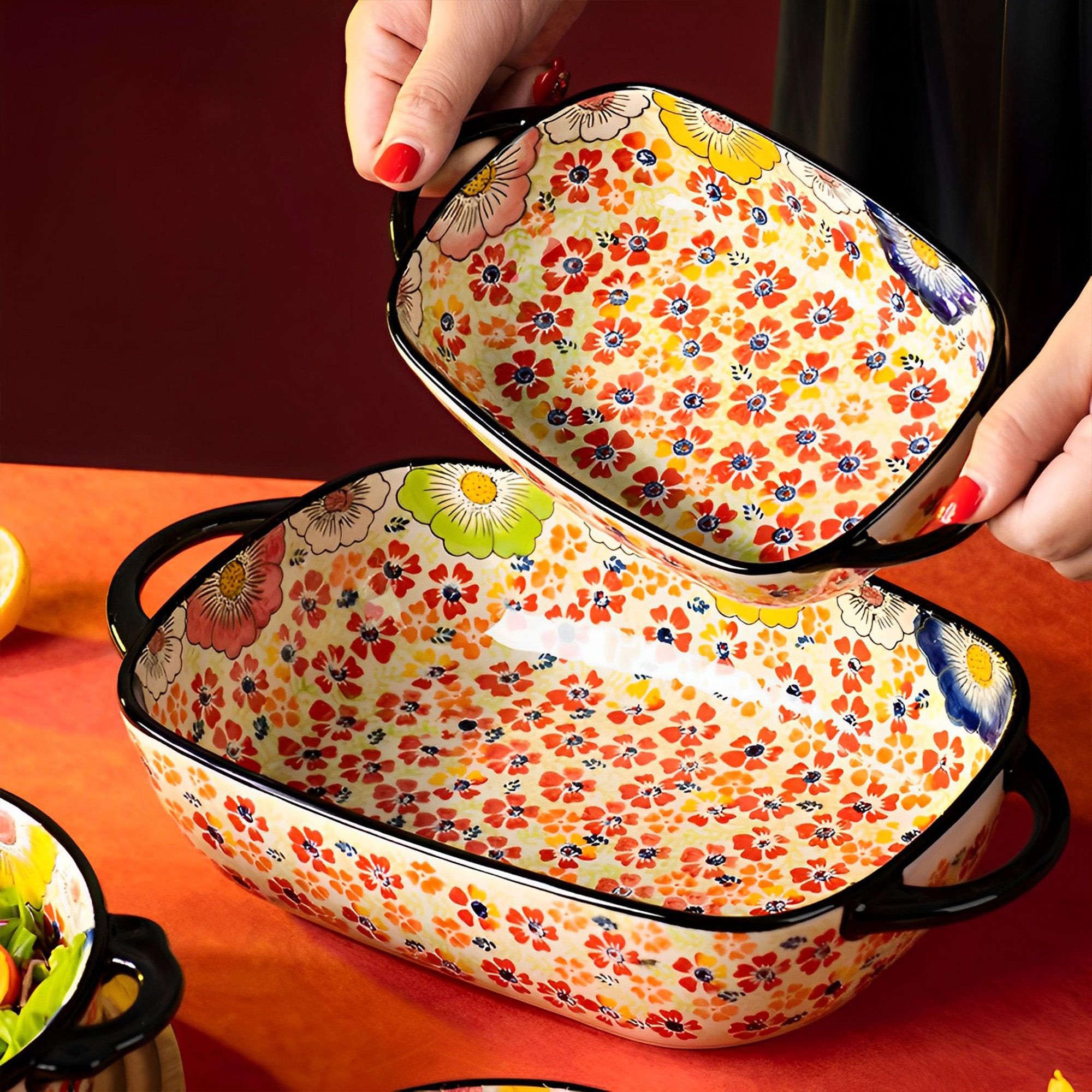 Ceramiczne naczynie do pieczenia do piekarnika, małe naczynie do zapiekania z uchwytami, piekarnik ceramiczny do pieczenia kwiaty w kolorze C prostokąt 700 ml