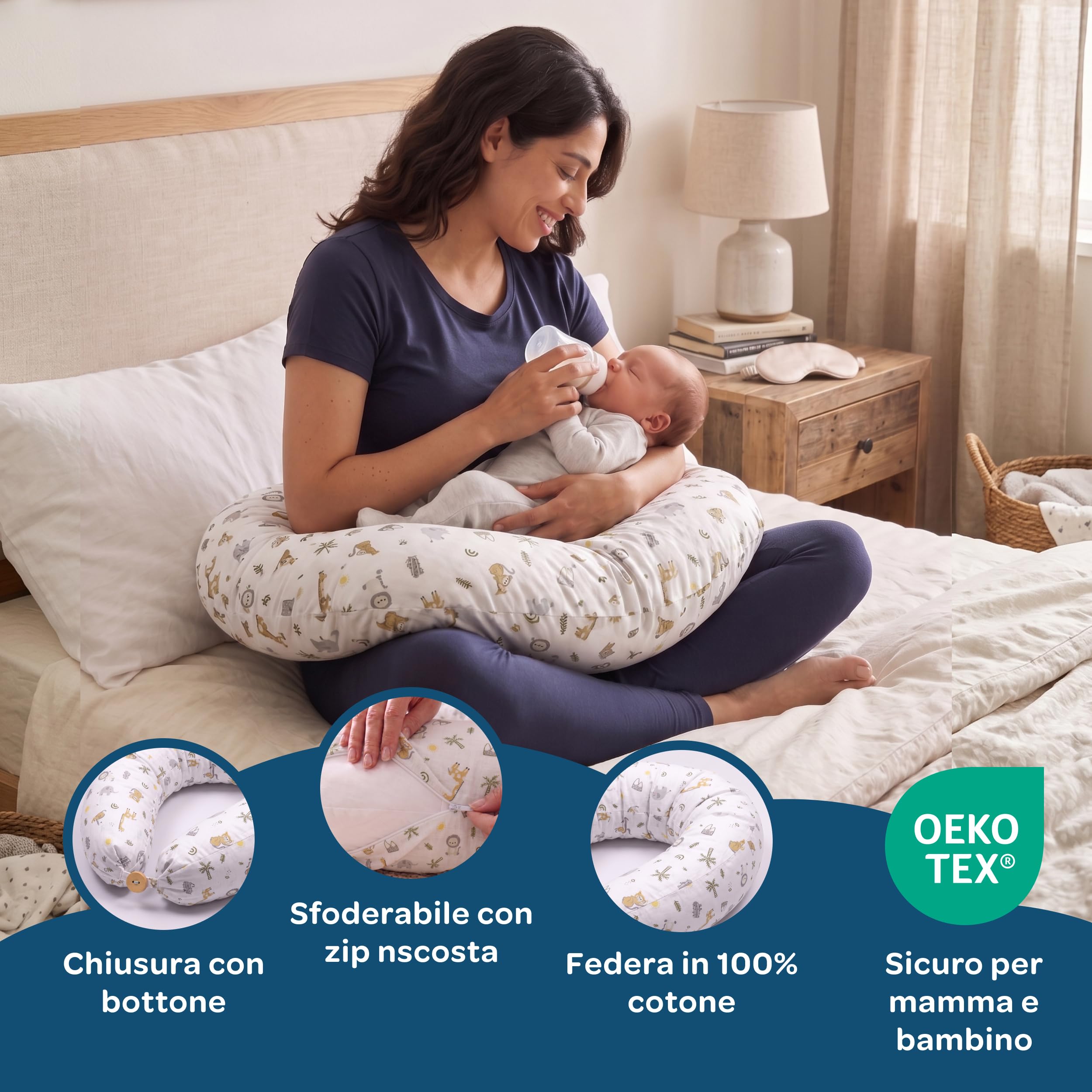 DOLCI SOGNI Cuscino Gravidanza e Allattamento Multiuso | Cuscino Gravidanza per Dormire | 100% Cotone OEKO-TEX Sfoderabile | Regalo Donna Incinta premaman