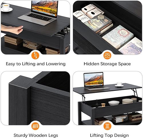 Miniatura 7 de Aufvolr Mesa auxiliar elevable con almacenamiento, mesa de café de 41.7 pulgadas con compartimento oculto, 1 estantes abiertos y 2 cajones para sala