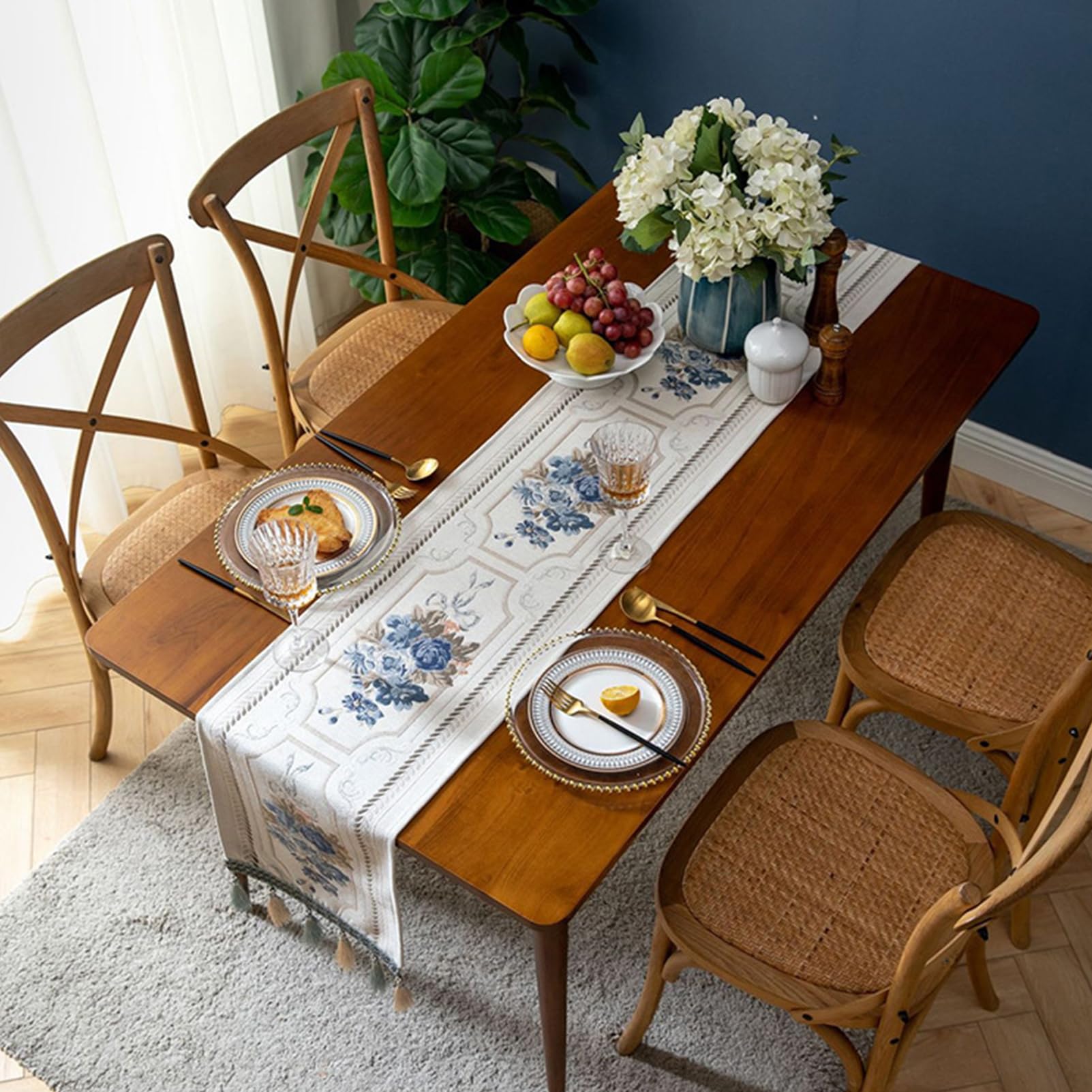 Luxus Tischläufer mit Multi-Quasten, Lange Elegante Stickerei Jacquard Tischläufer Kommode Schal für Esszimmer Party Bankett Couchtisch, Weiß, 32x300cm