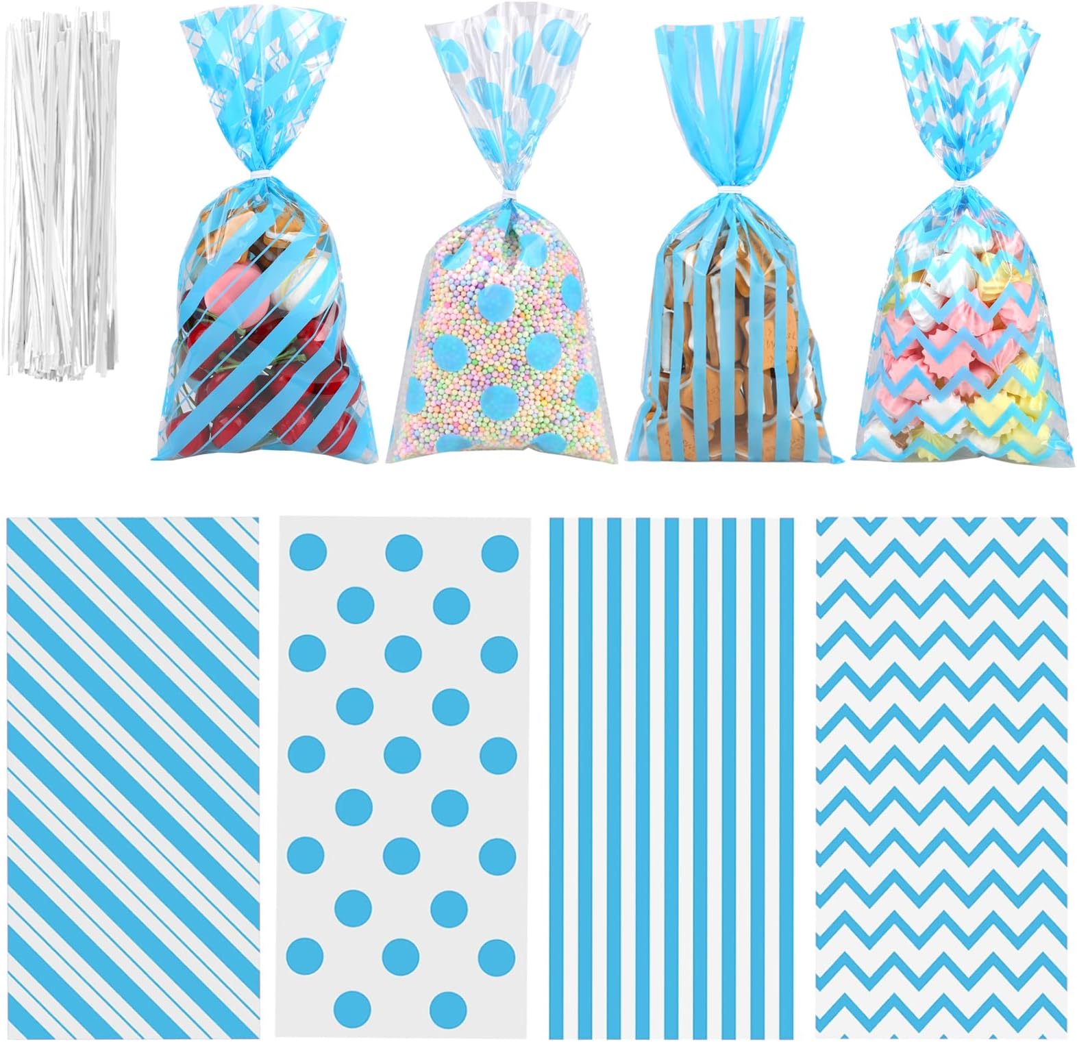 Aneco 100 Pack Blue Cellophane 10.6 x 5.1 Inch Plastic Candy Gift Goodie with Twist Ties for Valentine, Birthday, Gift Cookie Snack Packing Party Favor Supplies