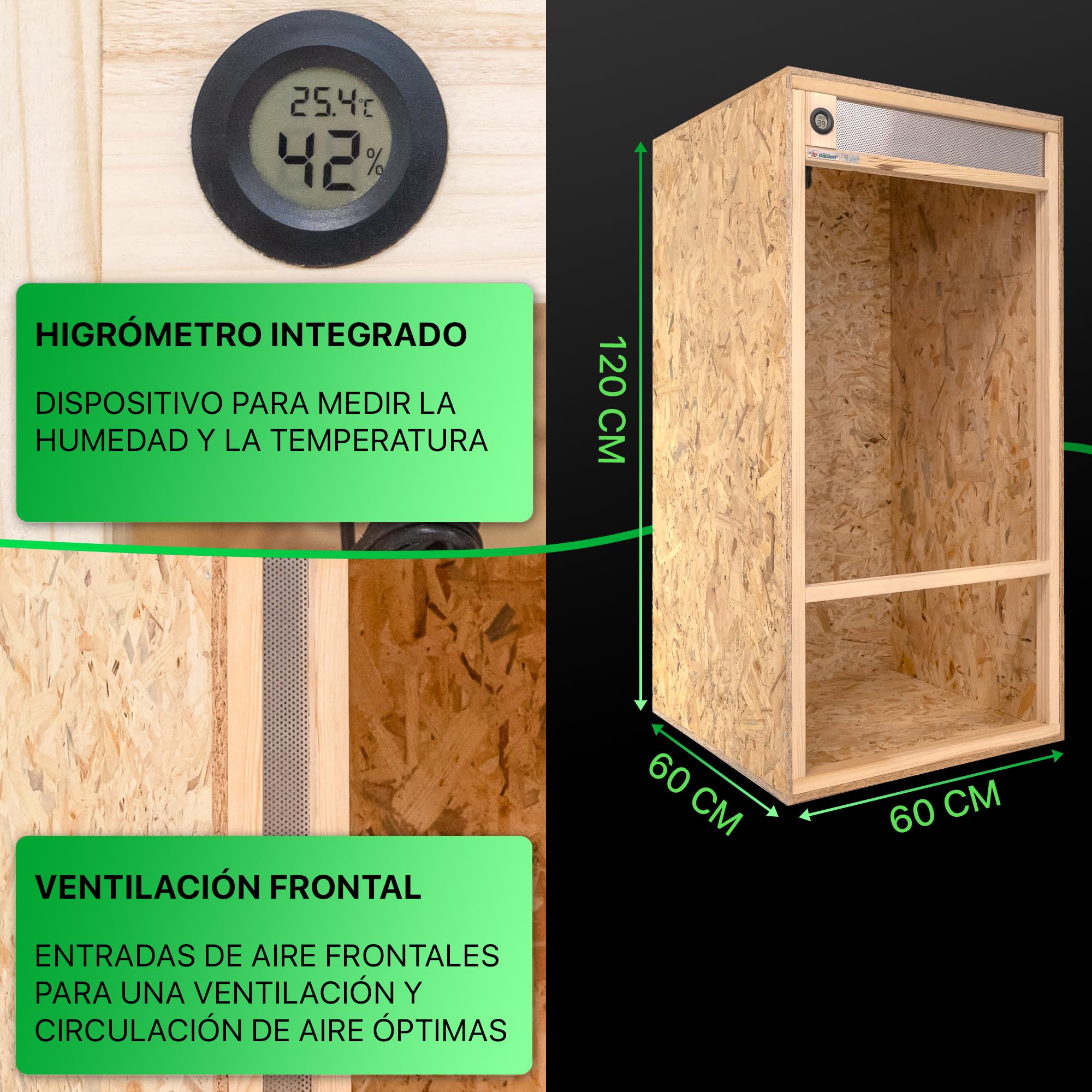 ITA Terrario Alto 60x120x60 cm con ventilación Frontal e higrómetro Integrado - Terrarios de OSB-3 - para Reptiles, Serpientes, Anfibios - Producto UE, Certificado FSC