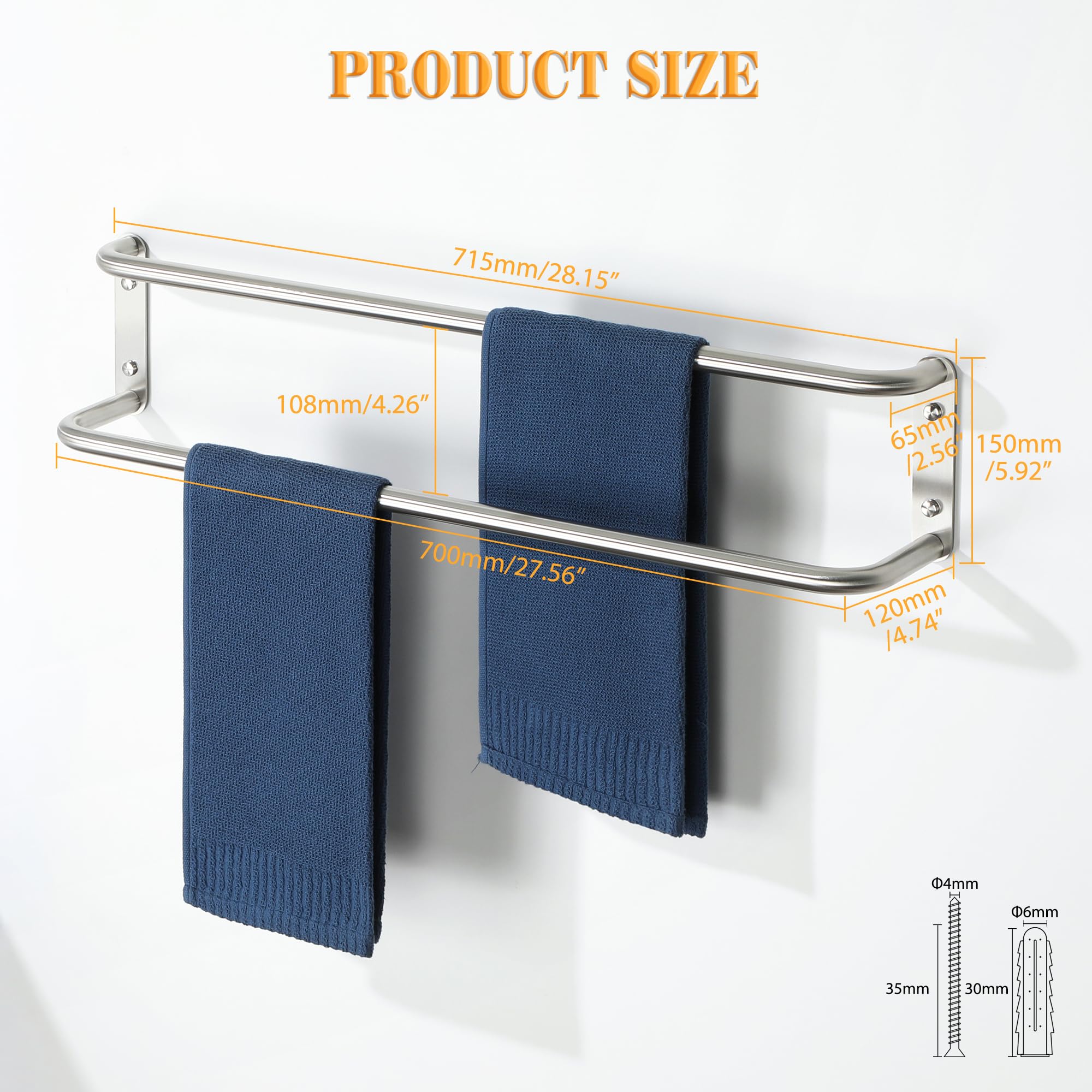 Mooche Towel Rail Wall Mounted,Bathroom Towel Holder Double Towel Rack for Bathroom,SUS304 Stainless Steel 700MM Towel Shelf Double Towel Bars for Hotel,Kitchen,Drawing Room,Toilet(Brushed) - Image 2