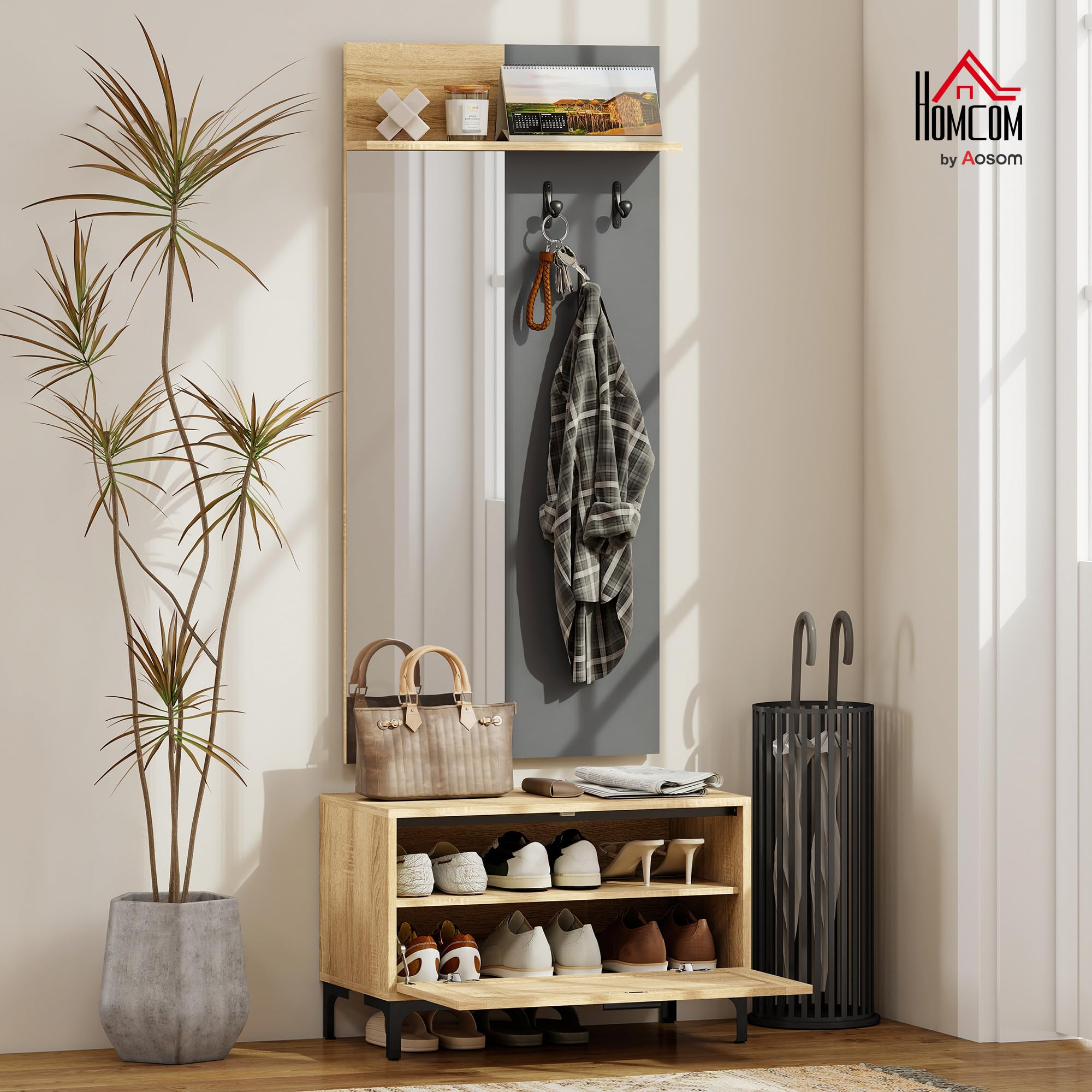 HOMCOM Garderobe Set, Garderobe mit Spiegel, Haken, Schuhbank, Ablage, Garderobenständer, Garderobenset, Flurgarderobe mit Klappschublade, für den Flur, 60 x 13,5 x 127,5 cm, Naturholz