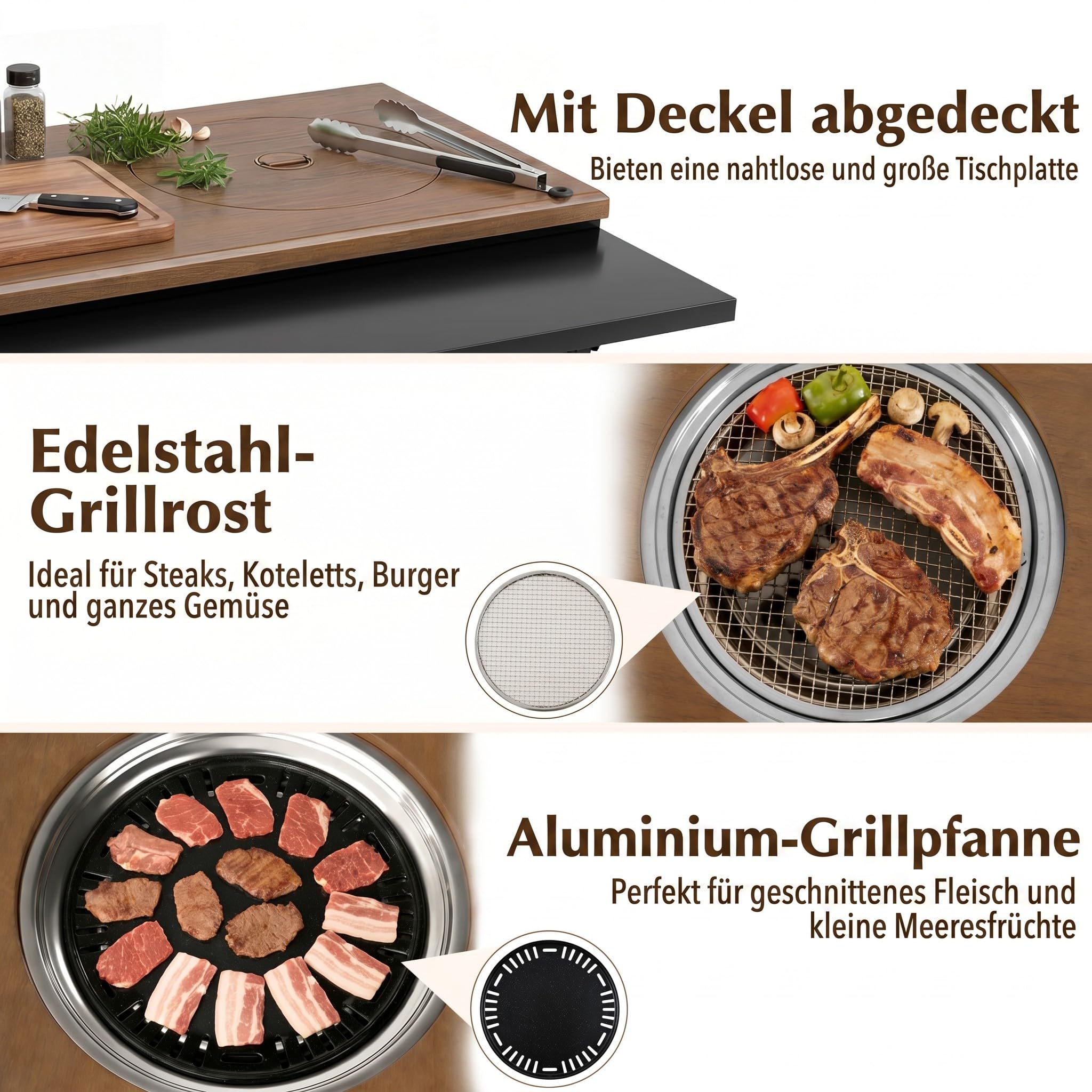 COSTWAY Grillwagen Outdoor, Grilltisch auf Rollen, Servierwagen mit Holzkohlegrill, klappbarem Seitentisch, Arbeitsfläche Holzoptik & 2 Ablagen, Metall, für BBQ Garten Terrasse, 94,5x75x78,5 cm, Braun