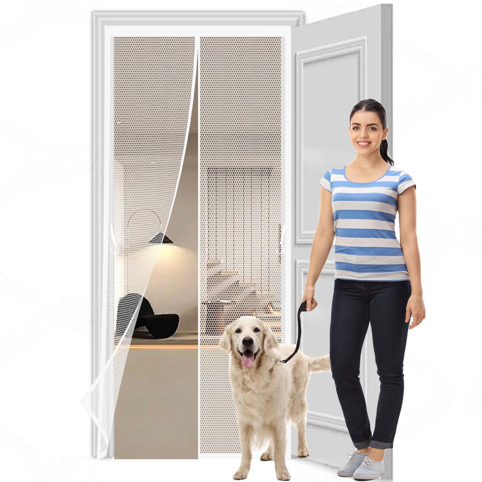 Liujyuan White Mosquito Door Screen 116 X 235 Cm Powerful Magnets, Self-Sealing, Polyester Fly Screen Curtain Lets Fresh Air, Easy To Install Pet And Kid Friendly,