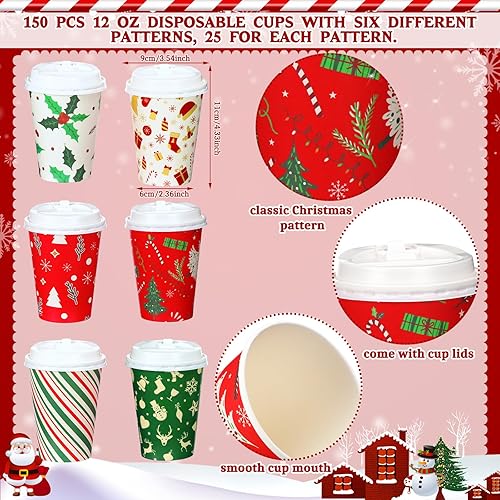 Miniatura 3 de Sliner 150 vasos de Navidad desechables de papel de Navidad con tapas, tazas clásicas de muñeco de nieve calientes de 12 onzas, juego novedoso de