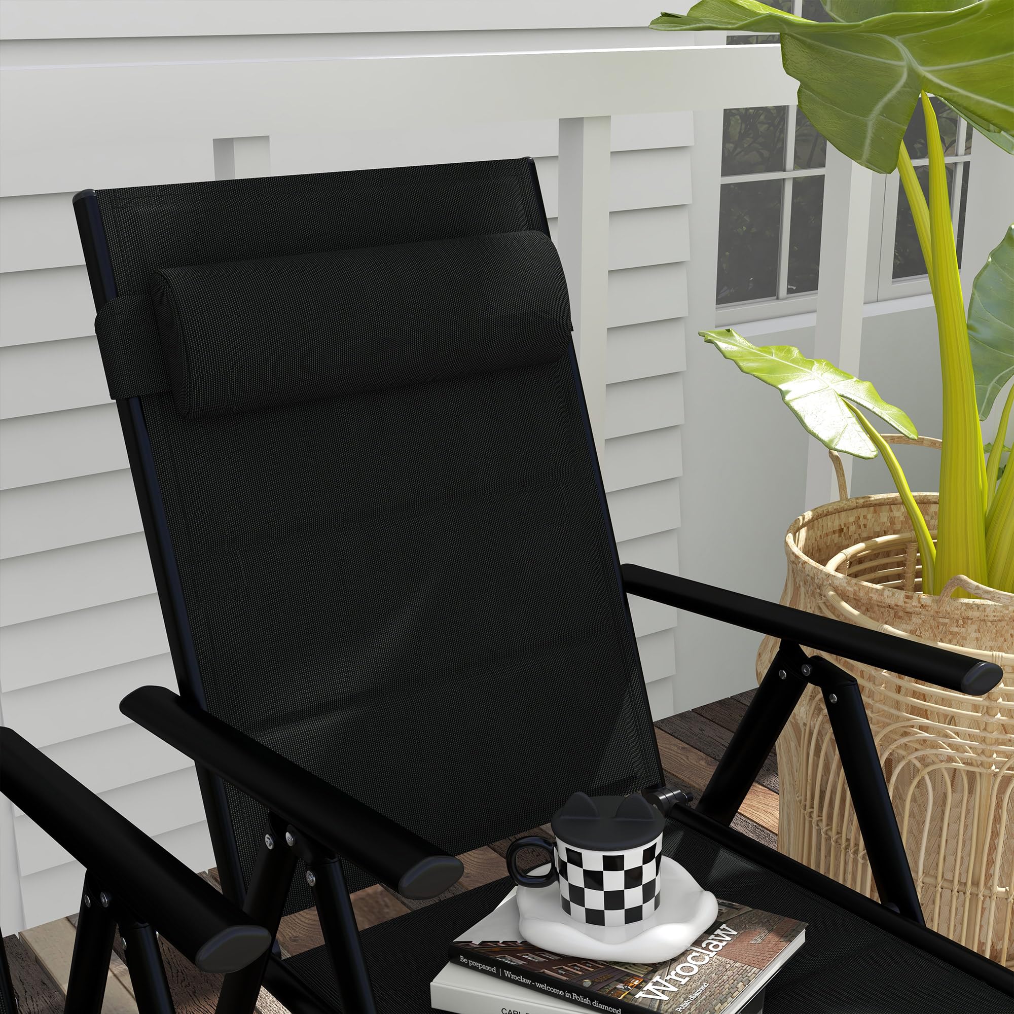 Outsunny Lot de 2 Chaises Pliantes Chaises de Jardin 54x67x108 cm Noir | Appui-Tête, Accoudoirs, Structure en Aluminium, Capacité 130 kg, Terrasse, Extérieur