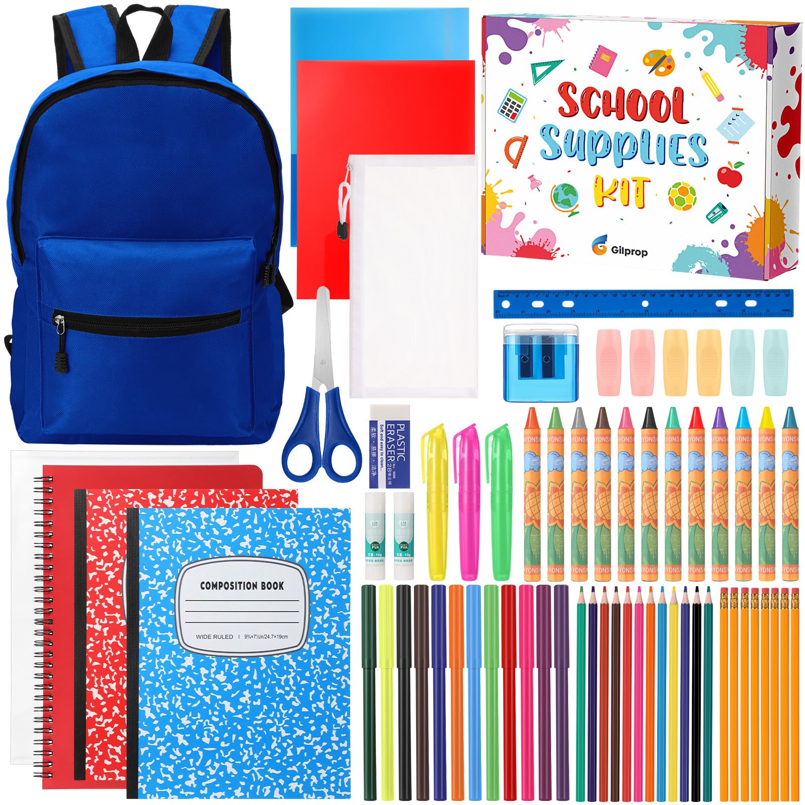 Gilprop Confezione da 68 articoli per il rientro a scuola per bambini, studenti K-8, kit di forniture per la scuola elementare e media, accessori essenziali, penne, quaderni, cancelleria per